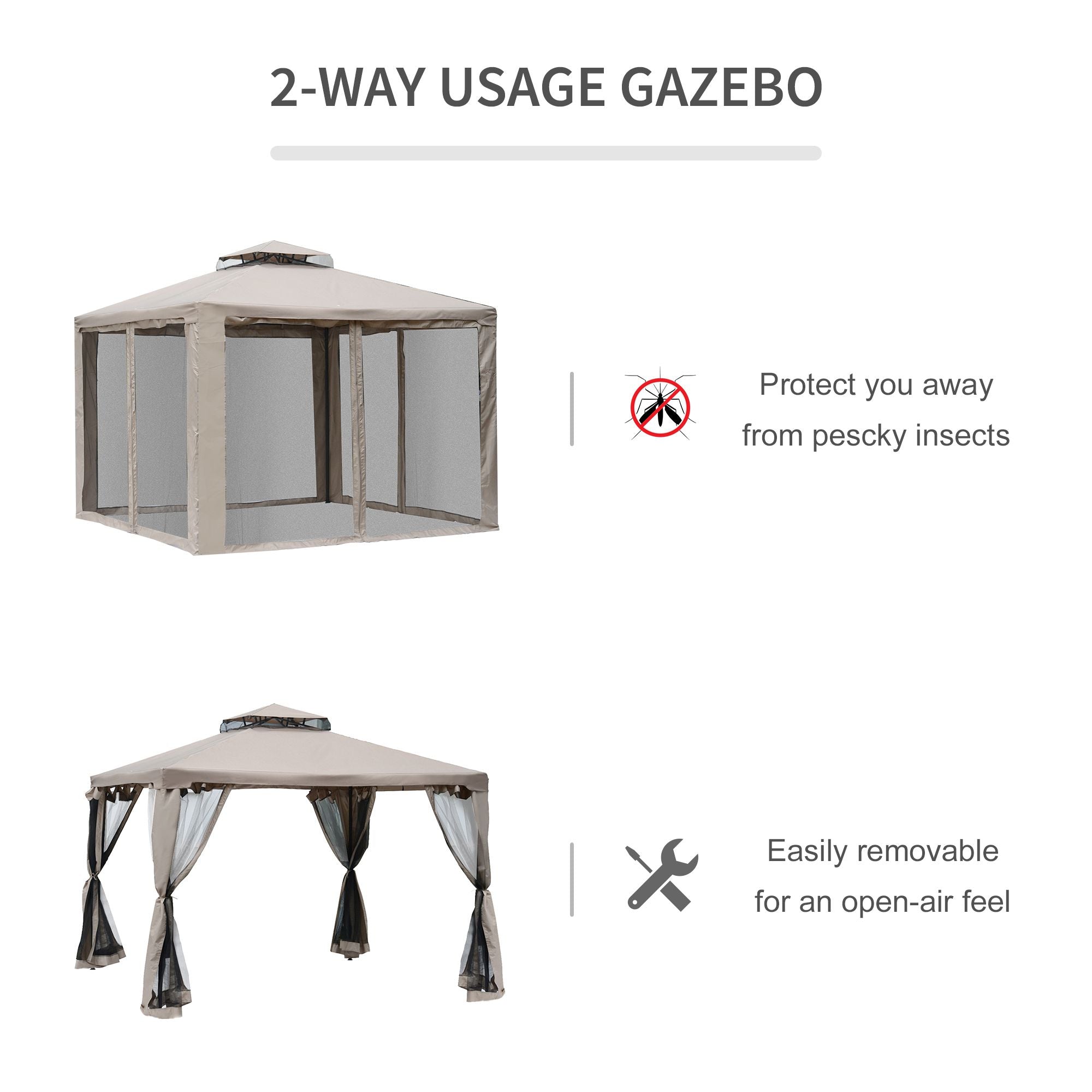 Outsunny 10' x 10' Patio Gazebo Outdoor Pavilion 2 Tire Roof Canopy Shelter Garden Event Party Tent Yard Sun Shade Steel Frame w/ Mosquito Netting, Brown