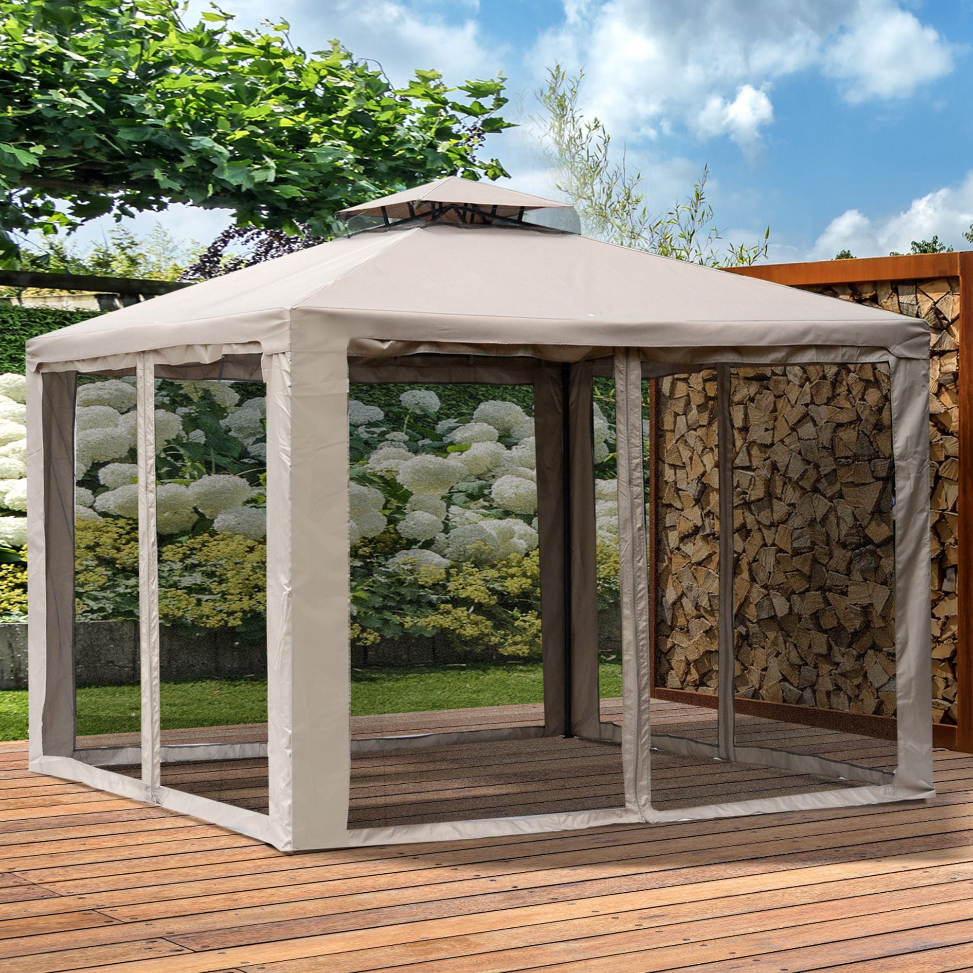 Outsunny 10' x 10' Patio Gazebo Outdoor Pavilion 2 Tire Roof Canopy Shelter Garden Event Party Tent Yard Sun Shade Steel Frame w/ Mosquito Netting, Brown