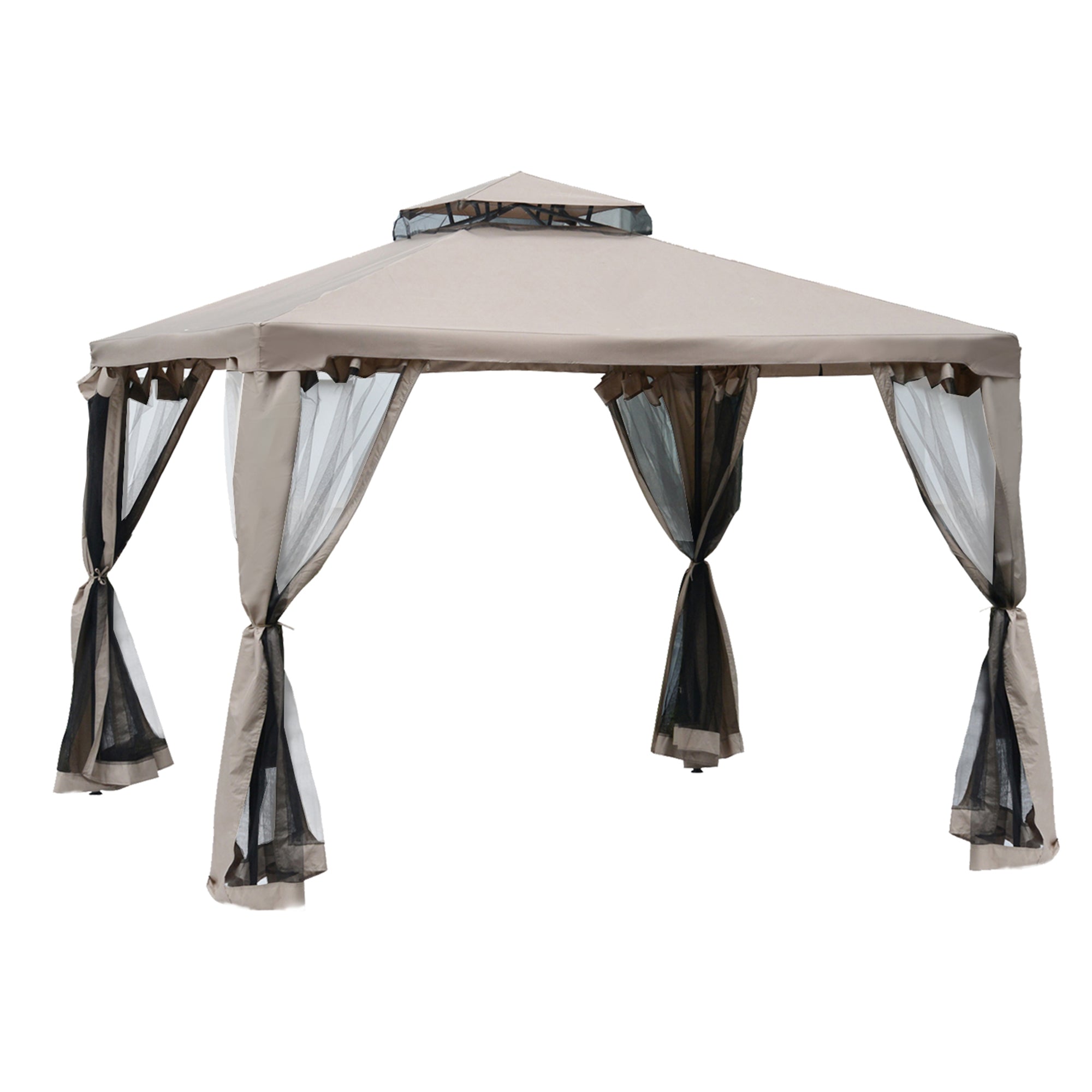 Outsunny 10' x 10' Patio Gazebo Outdoor Pavilion 2 Tire Roof Canopy Shelter Garden Event Party Tent Yard Sun Shade Steel Frame w/ Mosquito Netting, Brown