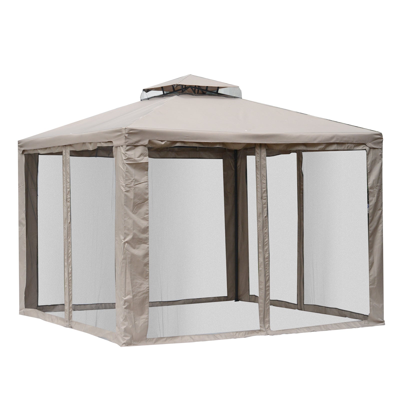 Outsunny 10' x 10' Patio Gazebo Outdoor Pavilion 2 Tire Roof Canopy Shelter Garden Event Party Tent Yard Sun Shade Steel Frame w/ Mosquito Netting, Brown
