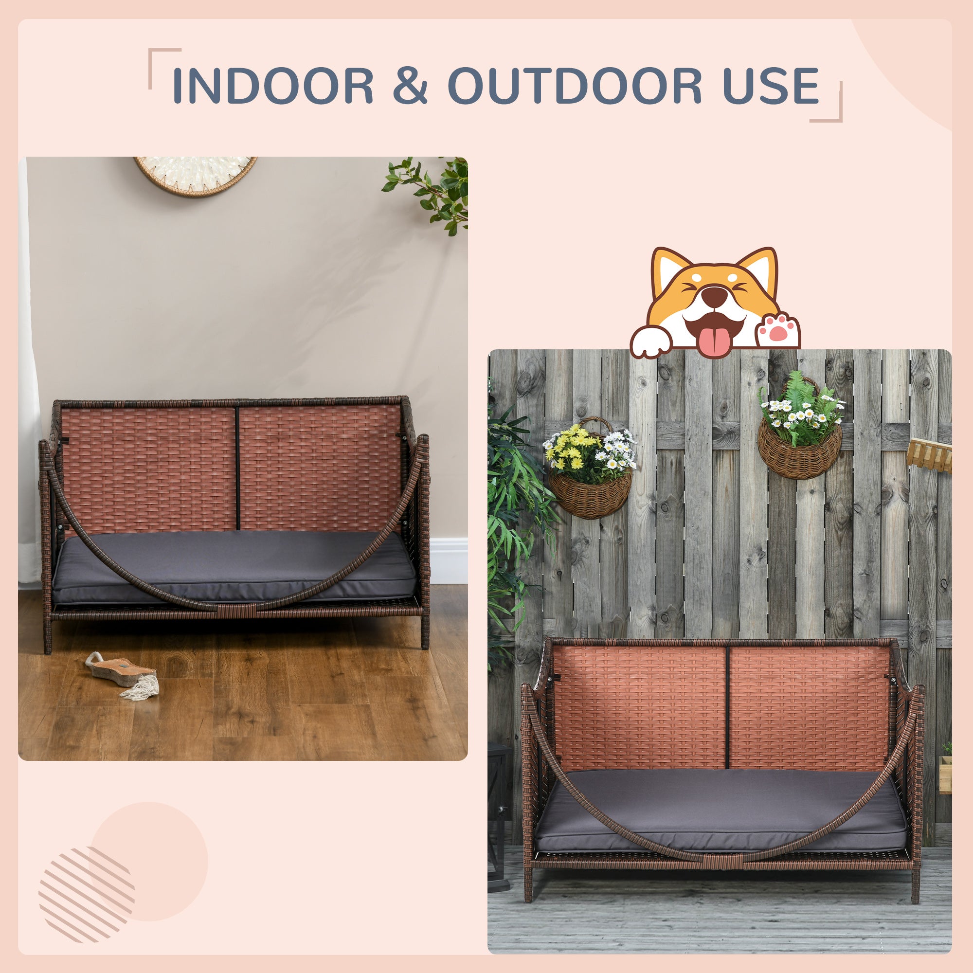 PawHut Rattan Pet Bed for Small Medium Dogs and Cats, Wicker Dog House Outdoor with Water-resistant Cushion, 35"x28"x20", Brown