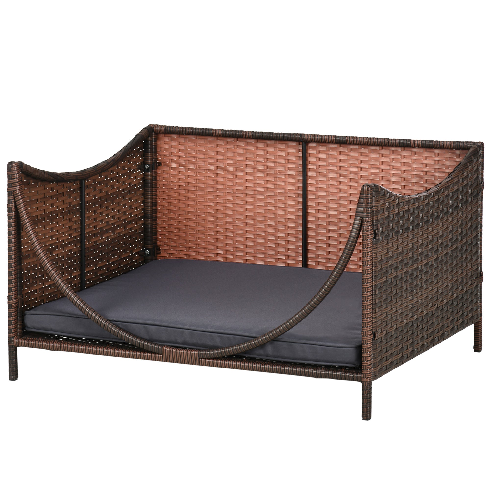PawHut Rattan Pet Bed for Small Medium Dogs and Cats, Wicker Dog House Outdoor with Water-resistant Cushion, 35"x28"x20", Brown