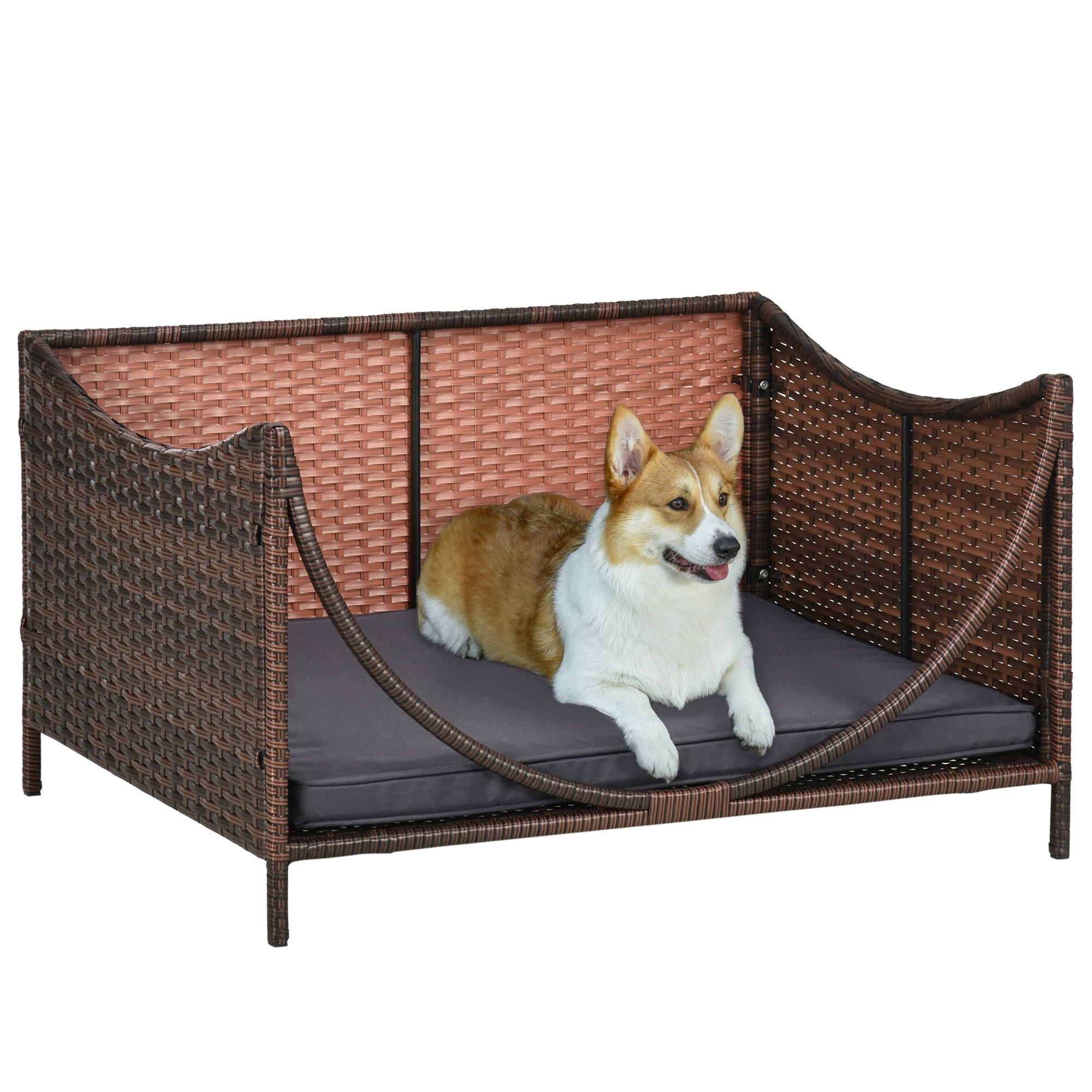 PawHut Rattan Pet Bed for Small Medium Dogs and Cats, Wicker Dog House Outdoor with Water-resistant Cushion, 35"x28"x20", Brown