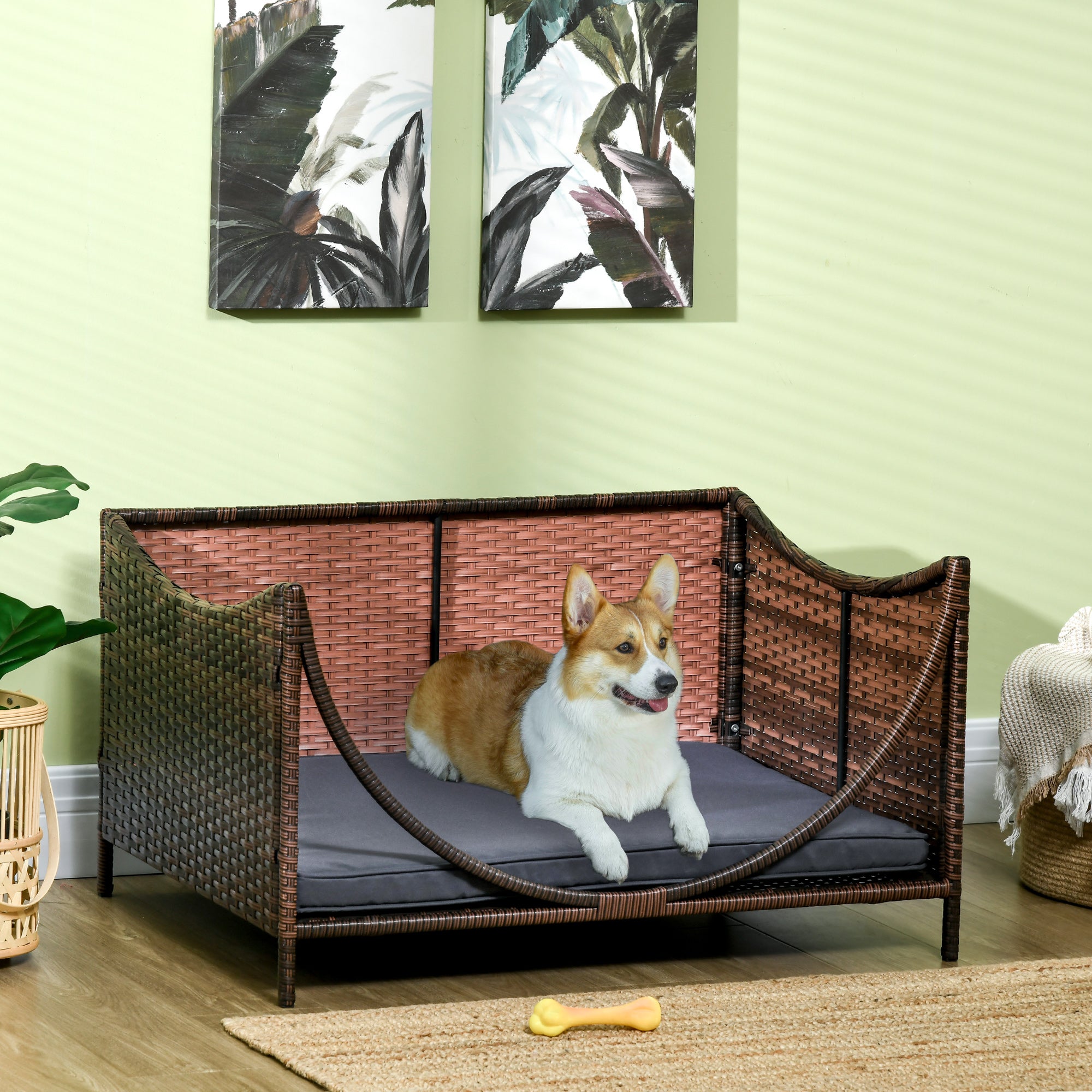 PawHut Rattan Pet Bed for Small Medium Dogs and Cats, Wicker Dog House Outdoor with Water-resistant Cushion, 35"x28"x20", Brown