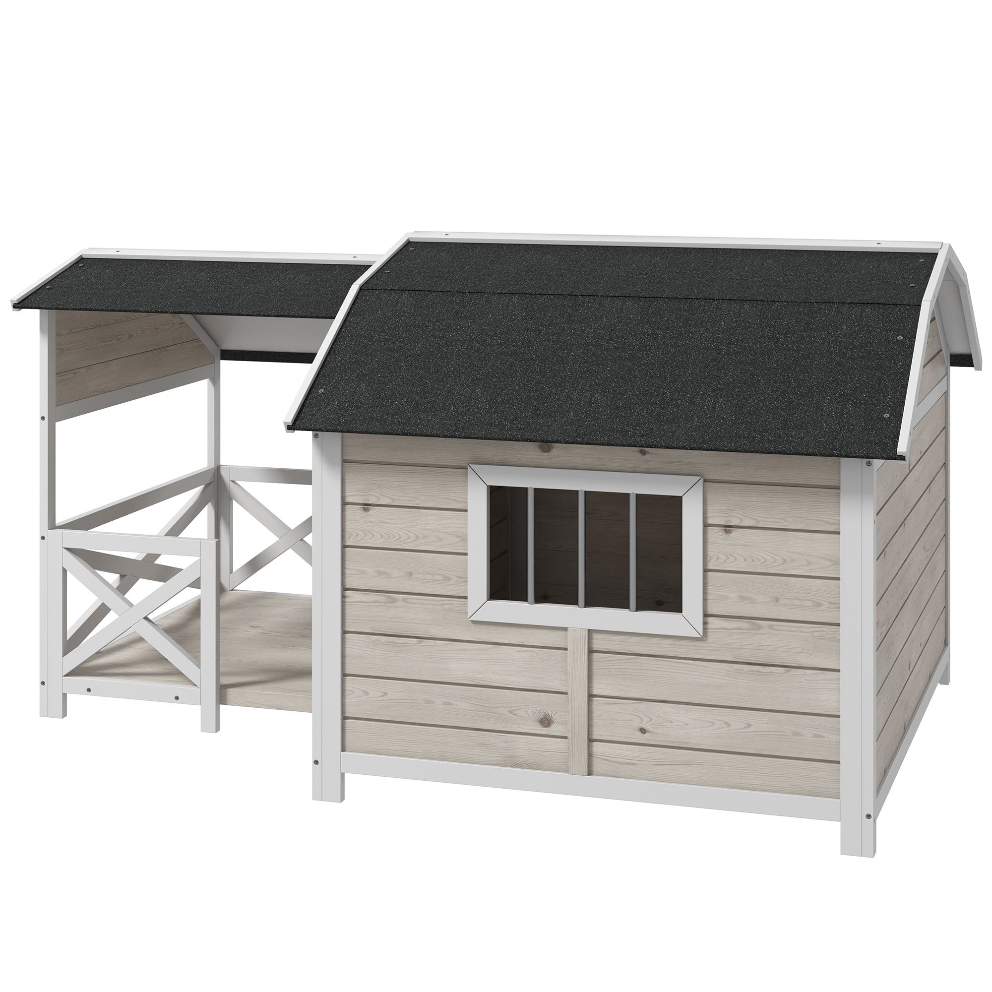 PawHut Wooden Dog House Outdoor with Porch, Raised Pet Kennel for Medium Large Dogs, with Asphalt Roof, Front Door, Side Windows, Gray