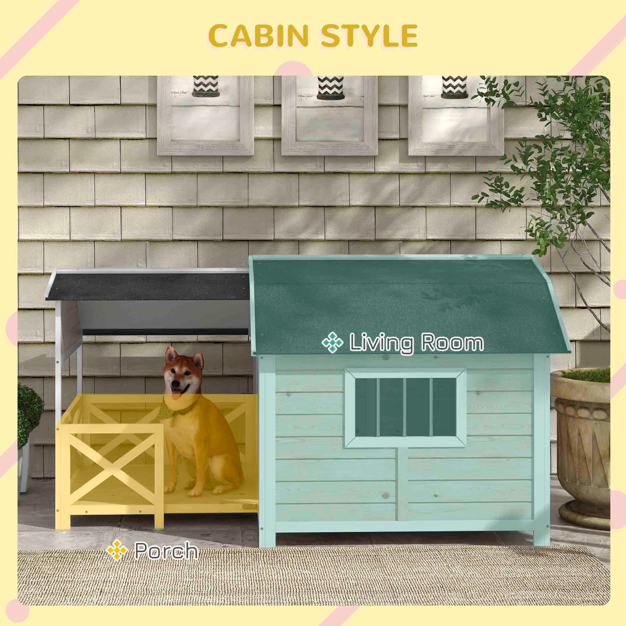 PawHut Wooden Dog House Outdoor with Porch, Raised Pet Kennel for Medium Large Dogs, with Asphalt Roof, Front Door, Side Windows, Gray