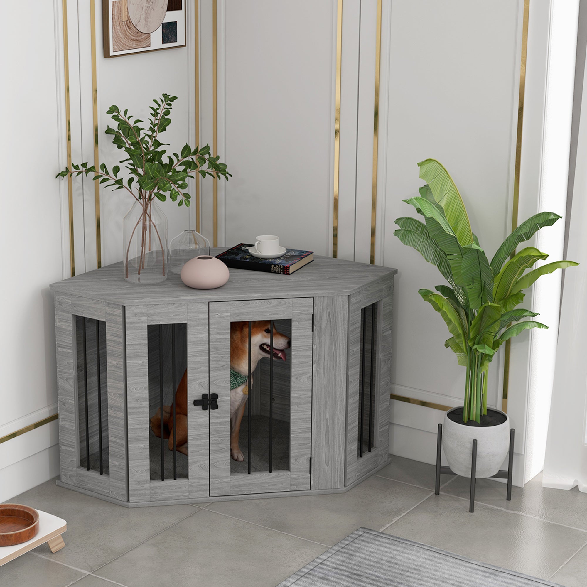 PawHut 2 in 1 Dog Crate Furniture, Side Table Dog Kennel with Cushion, Large Door, for Medium Dogs - Grey