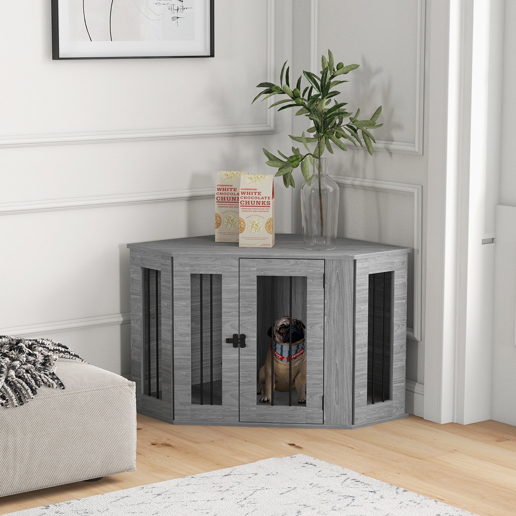 PawHut 2 in 1 Dog Crate Furniture, Side Table Dog Kennel with Cushion, Large Door, for Medium Dogs - Grey