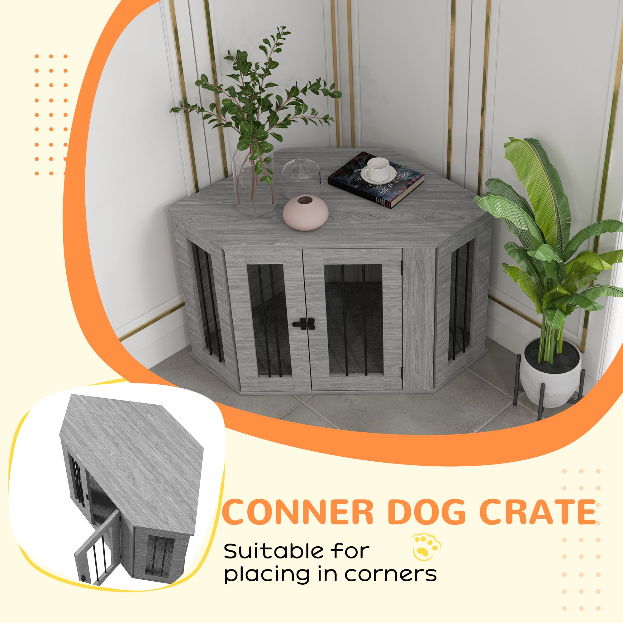 PawHut 2 in 1 Dog Crate Furniture, Side Table Dog Kennel with Cushion, Large Door, for Medium Dogs - Grey