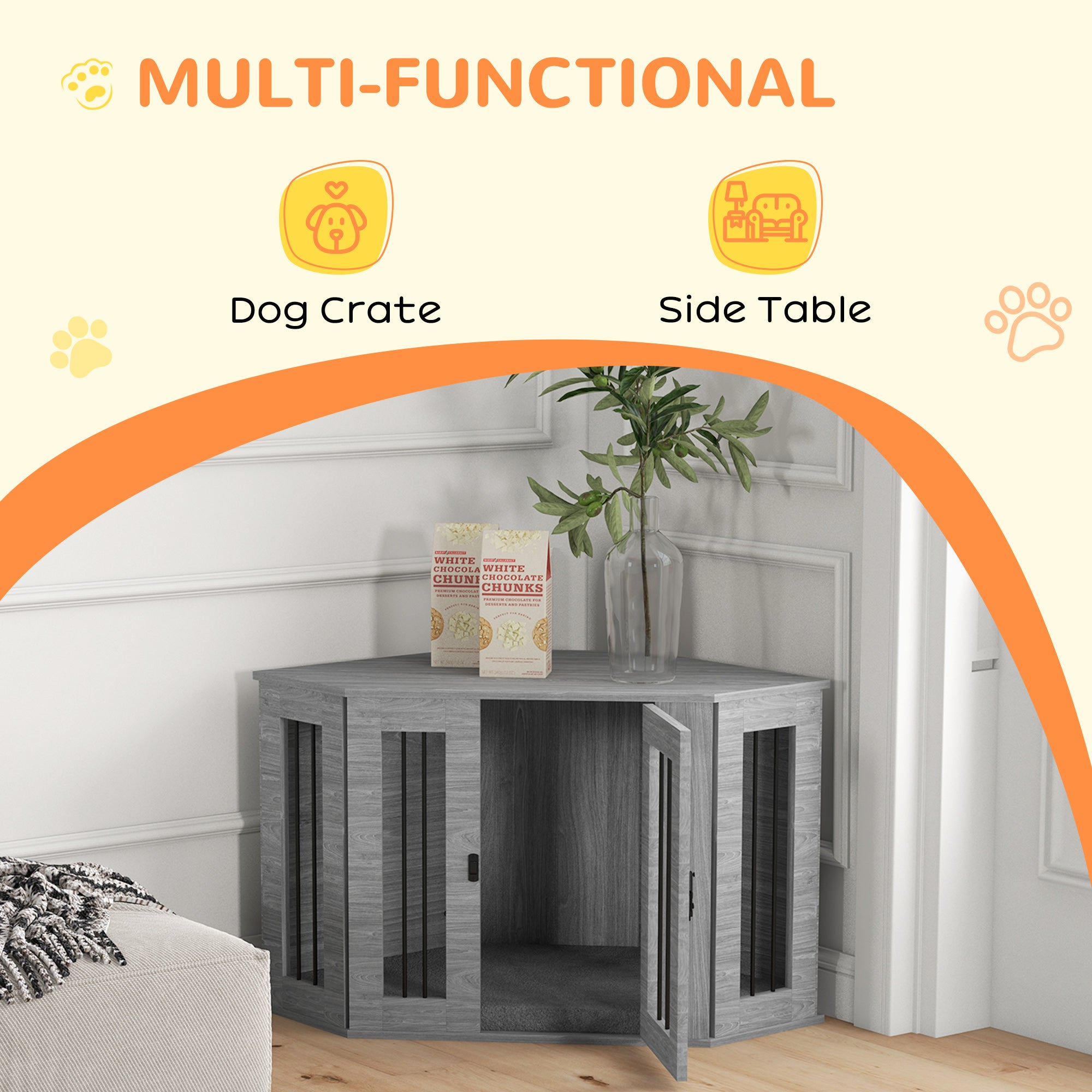PawHut 2 in 1 Dog Crate Furniture, Side Table Dog Kennel with Cushion, Large Door, for Medium Dogs - Grey