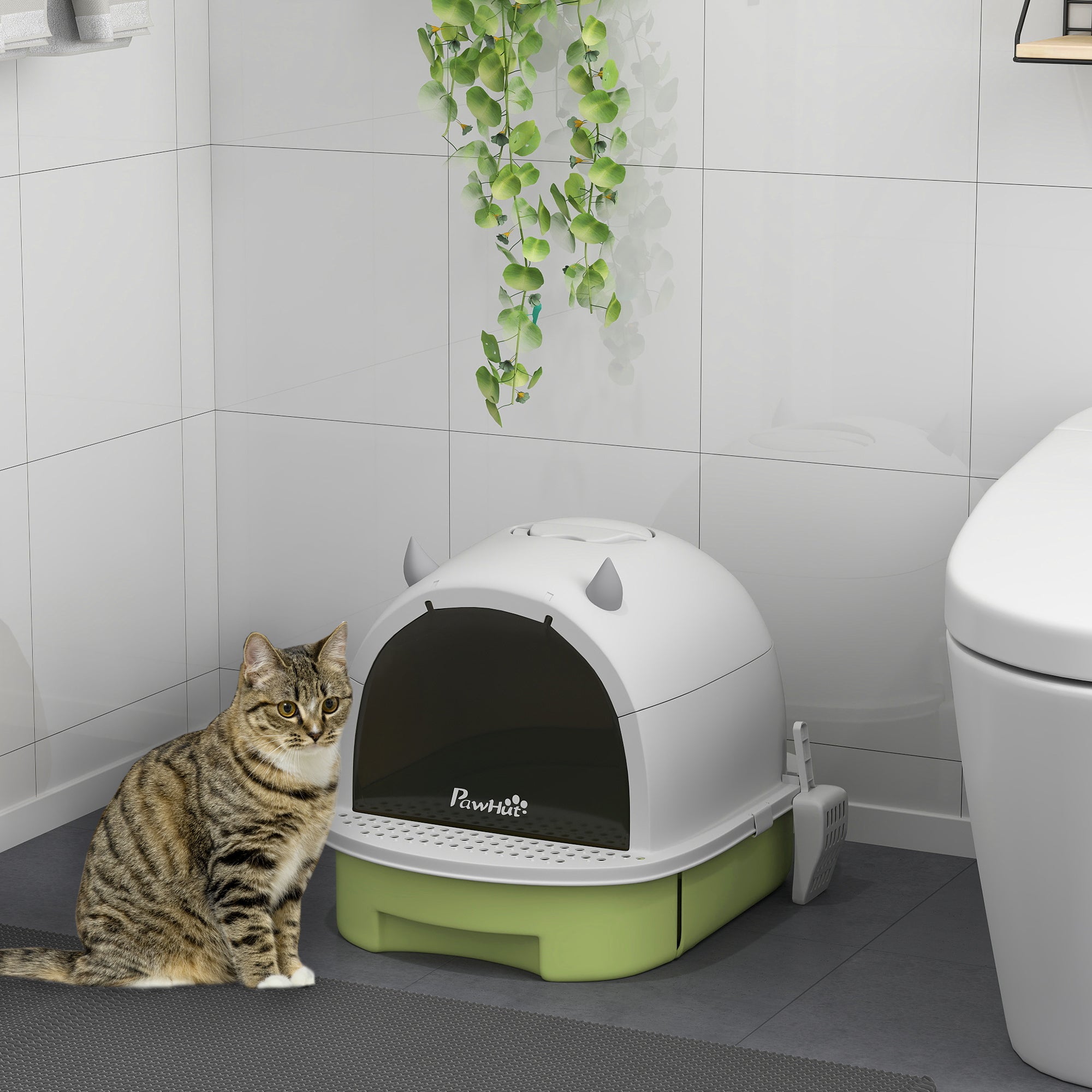 PawHut Cat Litter Box with Lid, Drawer Style Enclosed Kitty Litter Box with Front Door Flap, Scoop, Handle, Easy Clean, Cat Litter Tray for Small and Medium Cats, Green