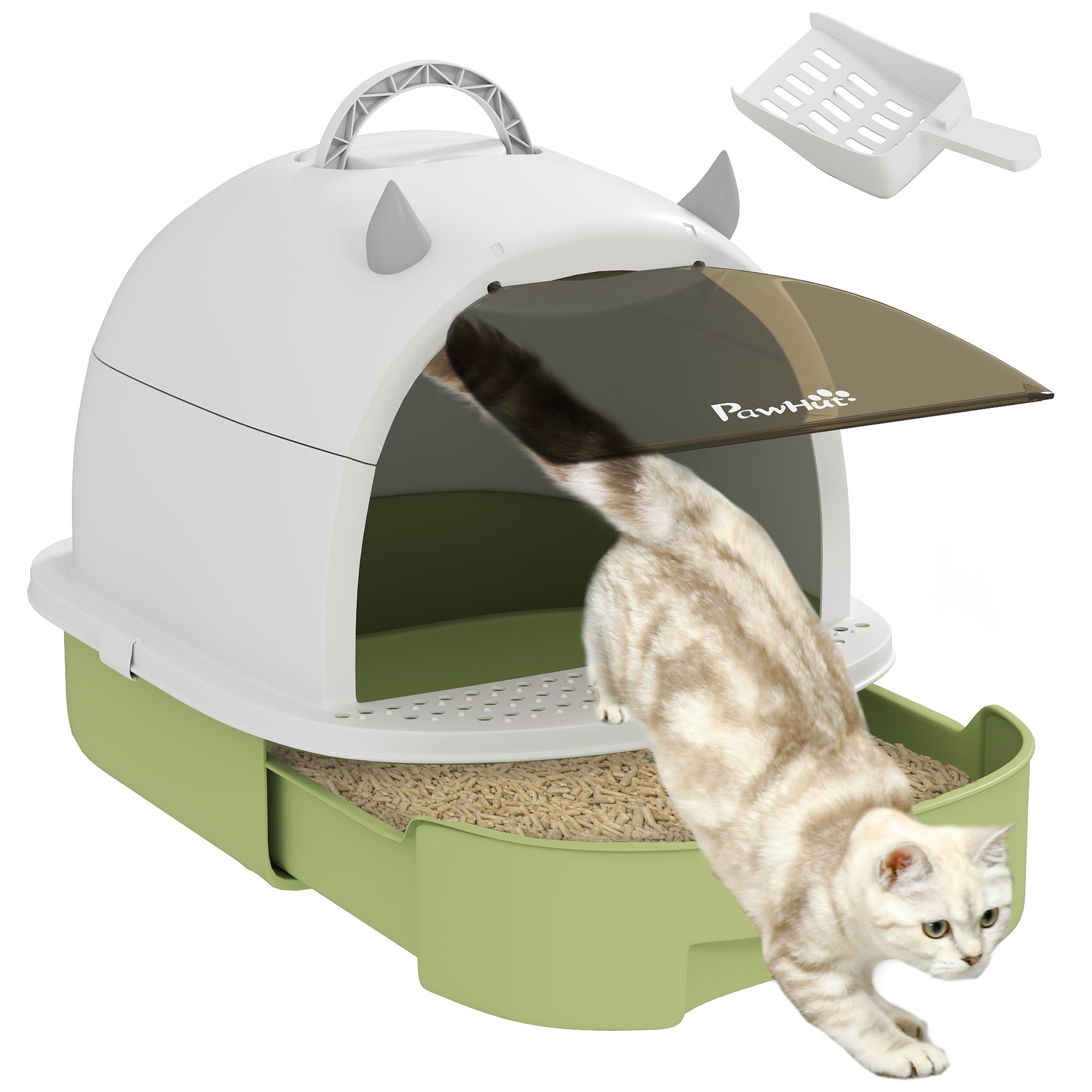 PawHut Cat Litter Box with Lid, Drawer Style Enclosed Kitty Litter Box with Front Door Flap, Scoop, Handle, Easy Clean, Cat Litter Tray for Small and Medium Cats, Green