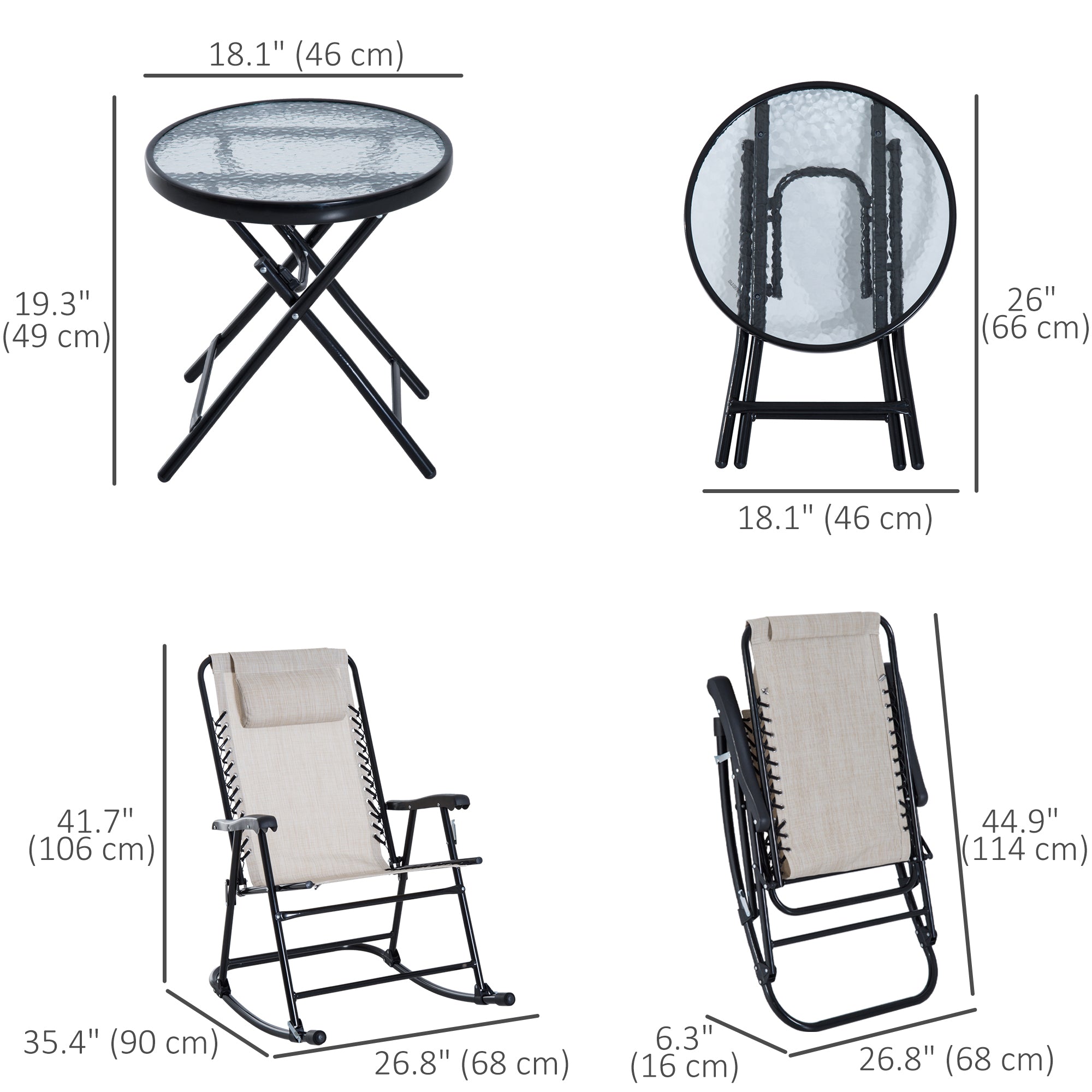 Outsunny 3pc Patio Foldable Rocking Chair Set, Outdoor Rocking Chairs and Table Bistro Set w/ Breathable Mesh Seat & Backrest, Padded Headrest for park, backyard, garden, Cream White