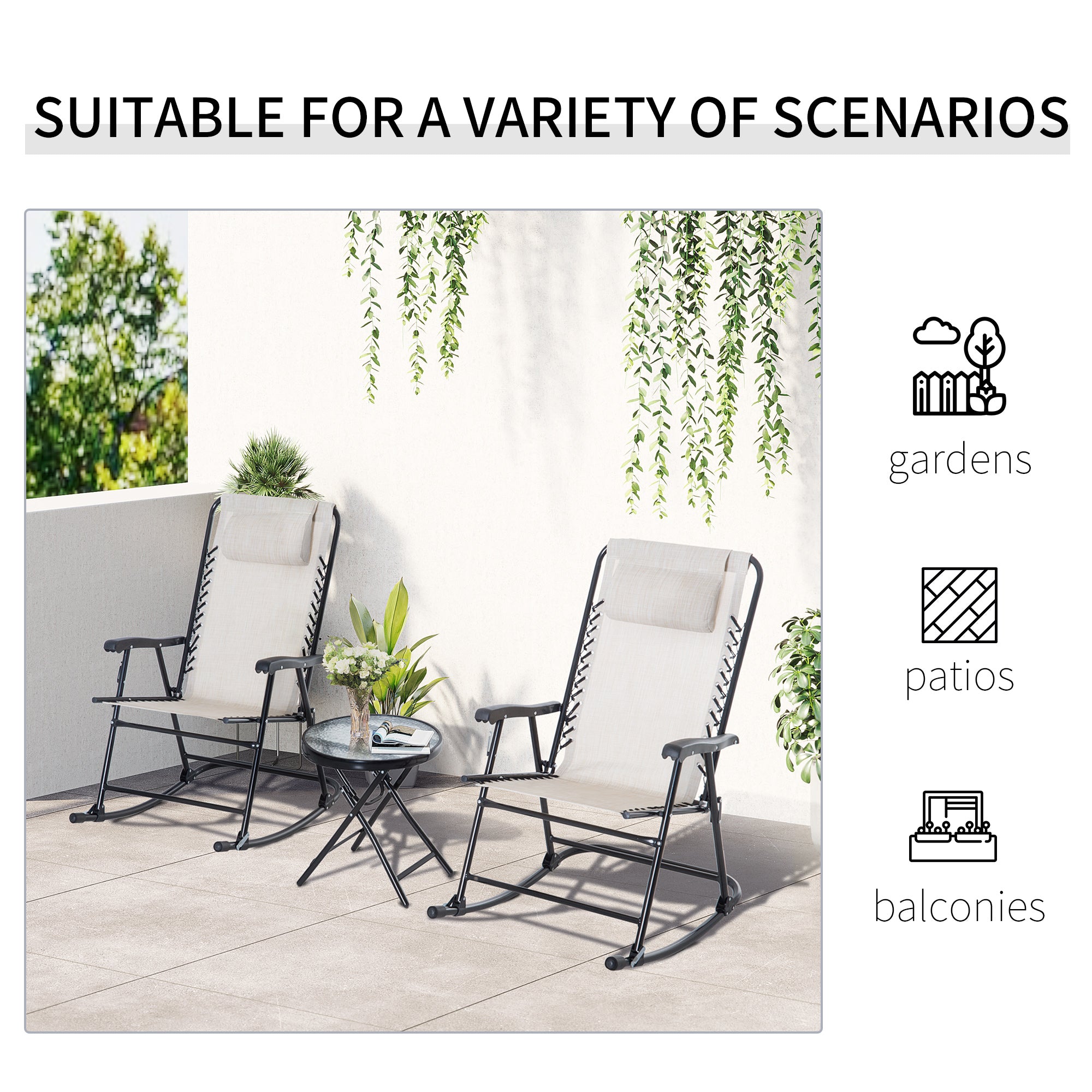Outsunny 3pc Patio Foldable Rocking Chair Set, Outdoor Rocking Chairs and Table Bistro Set w/ Breathable Mesh Seat & Backrest, Padded Headrest for park, backyard, garden, Cream White