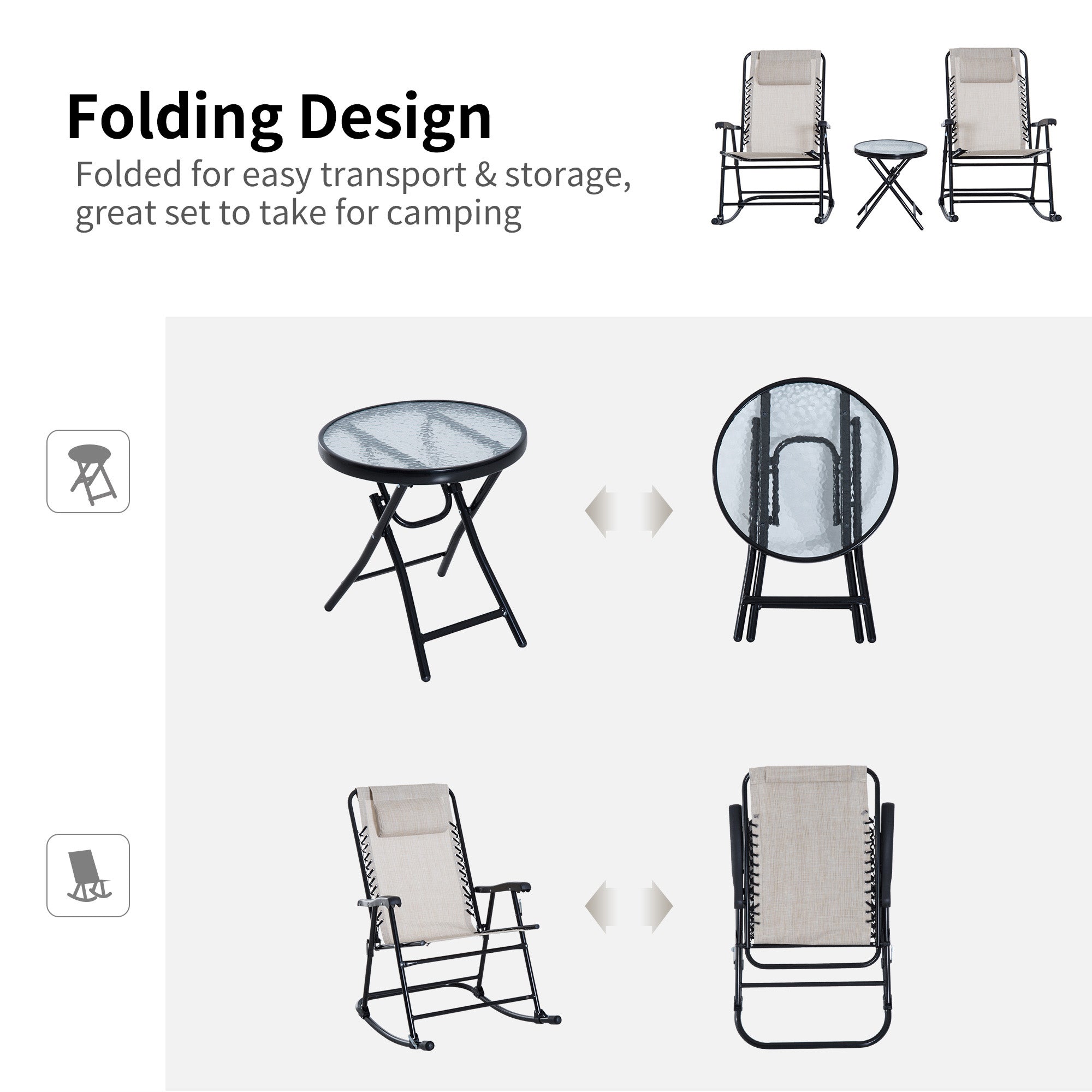 Outsunny 3pc Patio Foldable Rocking Chair Set, Outdoor Rocking Chairs and Table Bistro Set w/ Breathable Mesh Seat & Backrest, Padded Headrest for park, backyard, garden, Cream White