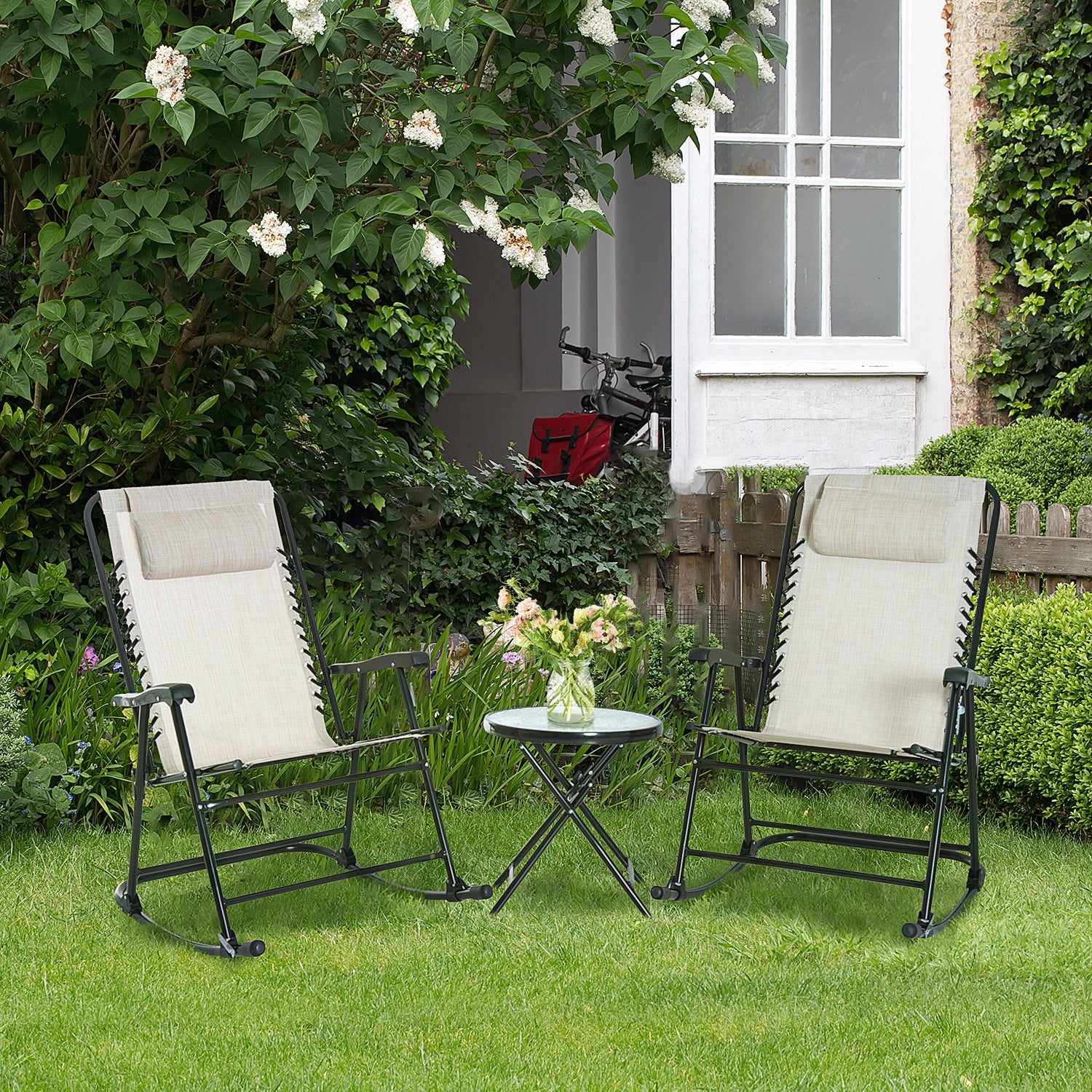 Outsunny 3pc Patio Foldable Rocking Chair Set, Outdoor Rocking Chairs and Table Bistro Set w/ Breathable Mesh Seat & Backrest, Padded Headrest for park, backyard, garden, Cream White