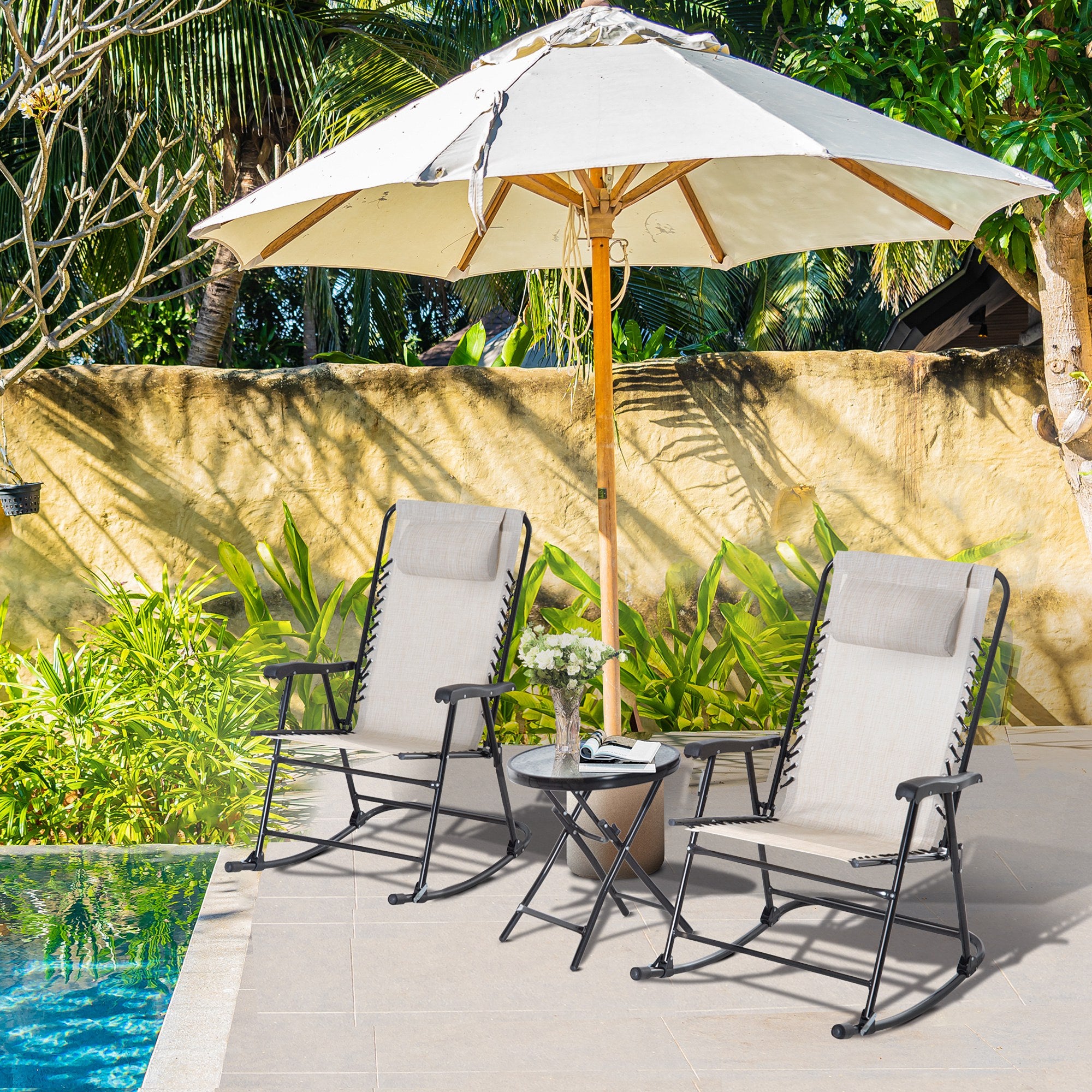 Outsunny 3pc Patio Foldable Rocking Chair Set, Outdoor Rocking Chairs and Table Bistro Set w/ Breathable Mesh Seat & Backrest, Padded Headrest for park, backyard, garden, Cream White