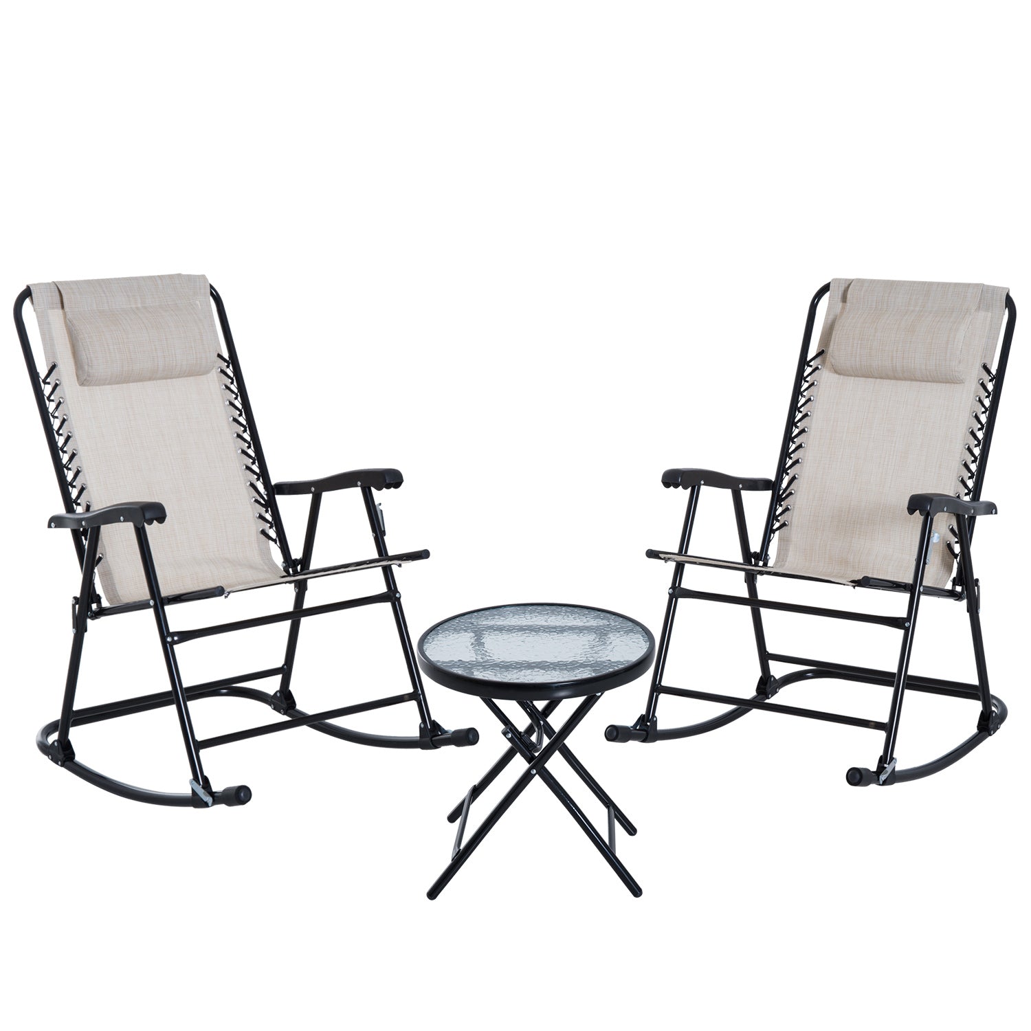 Outsunny 3pc Patio Foldable Rocking Chair Set, Outdoor Rocking Chairs and Table Bistro Set w/ Breathable Mesh Seat & Backrest, Padded Headrest for park, backyard, garden, Cream White