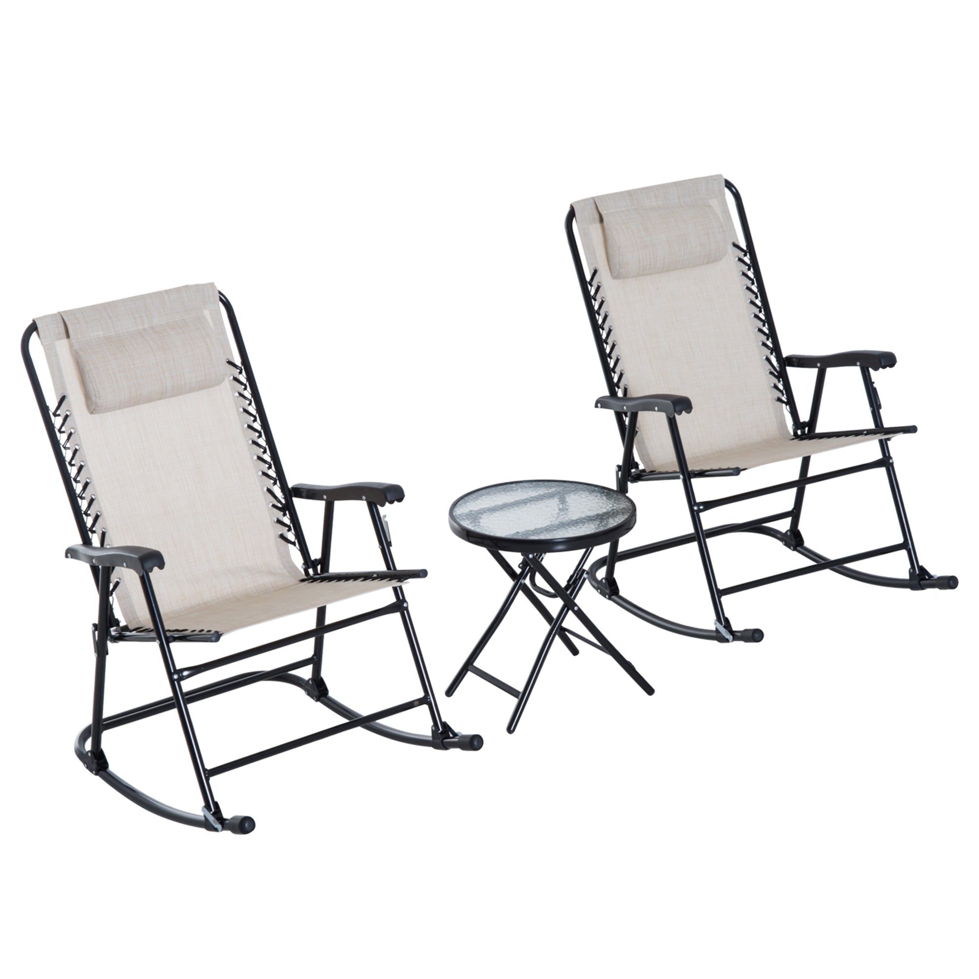 Outsunny 3pc Patio Foldable Rocking Chair Set, Outdoor Rocking Chairs and Table Bistro Set w/ Breathable Mesh Seat & Backrest, Padded Headrest for park, backyard, garden, Cream White