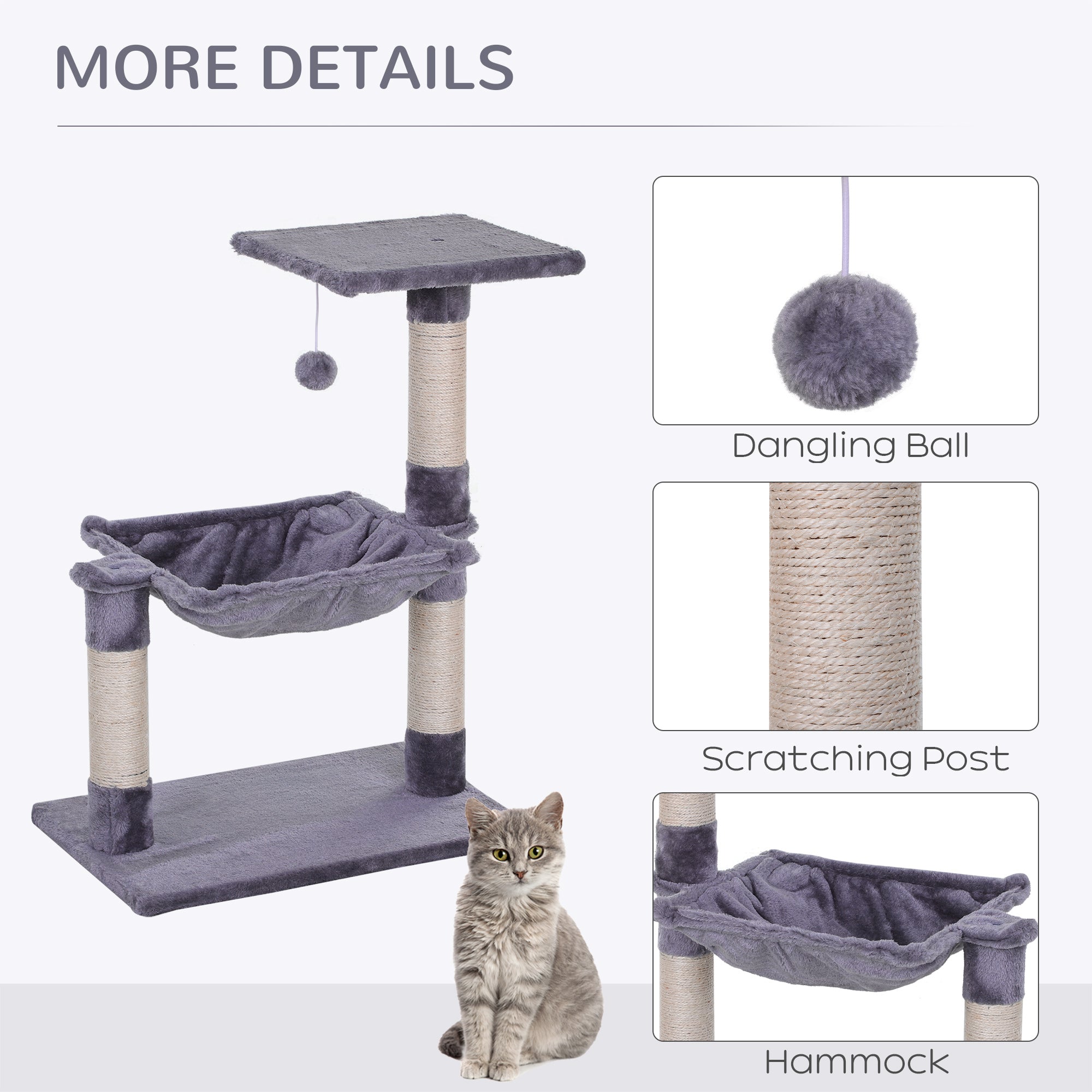 PawHut 27.5" Cat Tree Tower Kitten House Condo Furniture Hammock Bed with Natural Sisal Scratching Post Teasing Toy, Light Grey