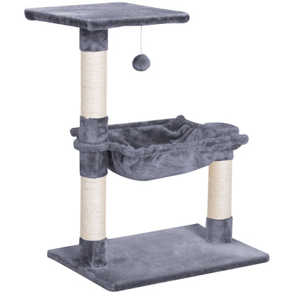 PawHut 27.5" Cat Tree Tower Kitten House Condo Furniture Hammock Bed with Natural Sisal Scratching Post Teasing Toy, Light Grey