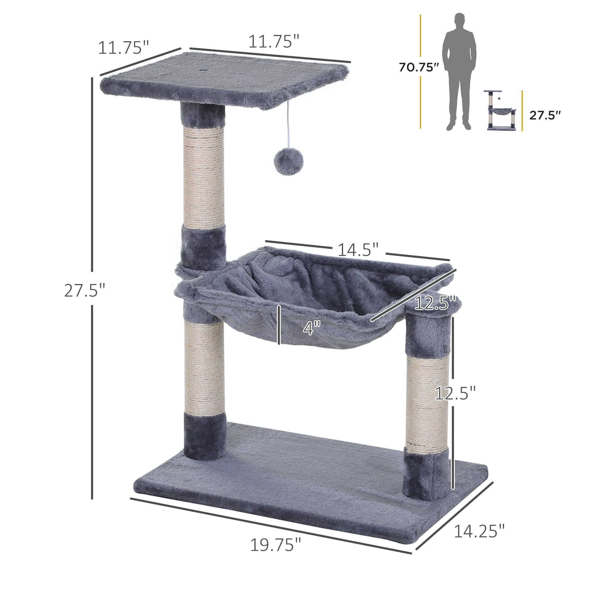 PawHut 27.5" Cat Tree Tower Kitten House Condo Furniture Hammock Bed with Natural Sisal Scratching Post Teasing Toy, Light Grey