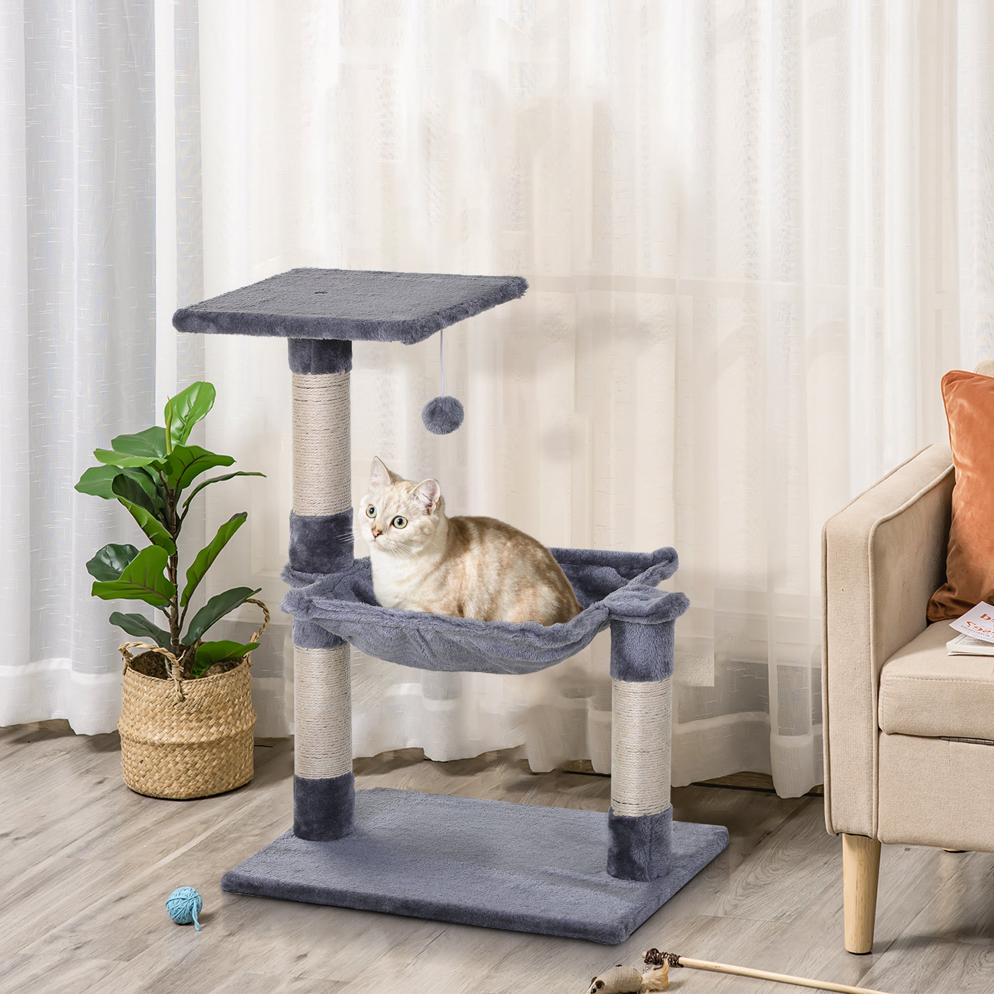 PawHut 27.5" Cat Tree Tower Kitten House Condo Furniture Hammock Bed with Natural Sisal Scratching Post Teasing Toy, Light Grey