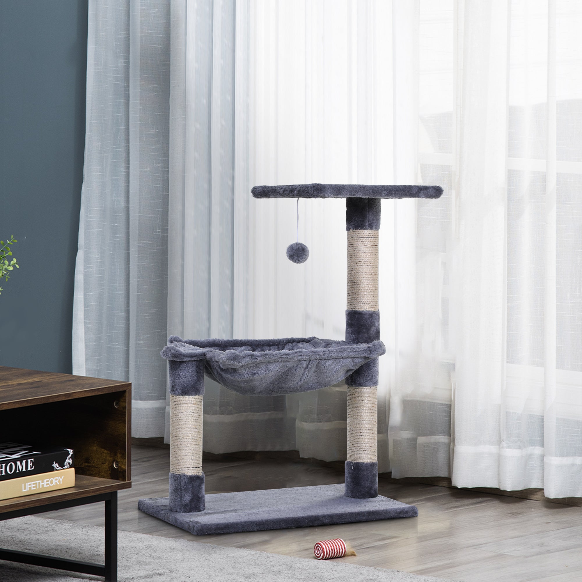 PawHut Cat Scratch Post with Bed Cat Tree for Indoor Cats Sisal Scratching Posts Hammock Kitty Activity Centre Grey