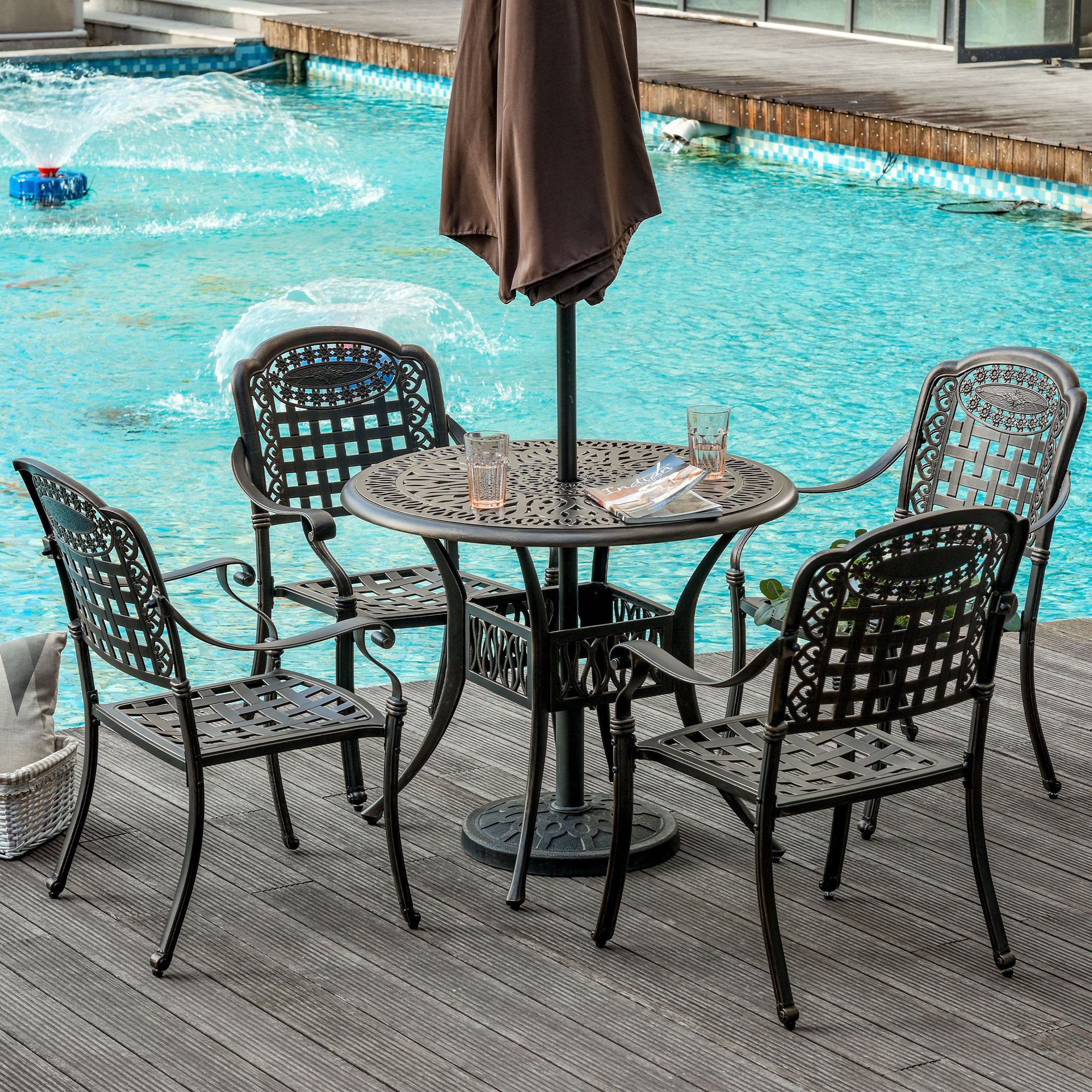 Outsunny 5-Piece Outdoor Patio Dining Set with 4 Armchairs & 1 Table with Umbrella Hole, 35