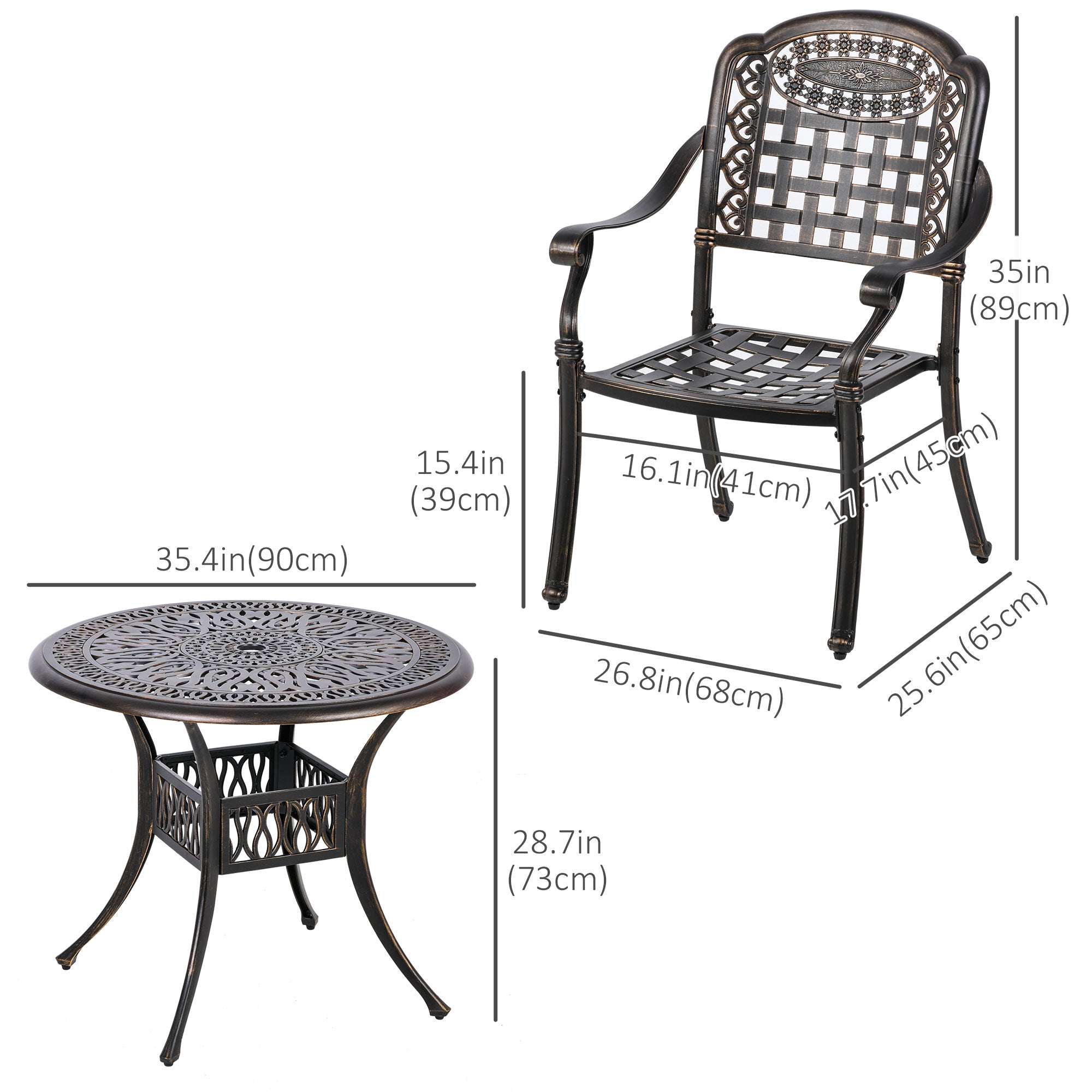 Outsunny 5-Piece Outdoor Patio Dining Set with 4 Armchairs & 1 Table with Umbrella Hole, 35" Round Bistro Table, Cast Aluminium Patio Furniture Set for Garden Deck Yard, Bronze