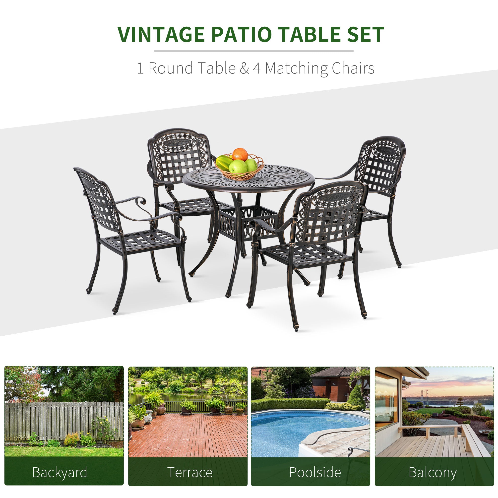 Outsunny 5-Piece Outdoor Patio Dining Set with 4 Armchairs & 1 Table with Umbrella Hole, 35" Round Bistro Table, Cast Aluminium Patio Furniture Set for Garden Deck Yard, Bronze