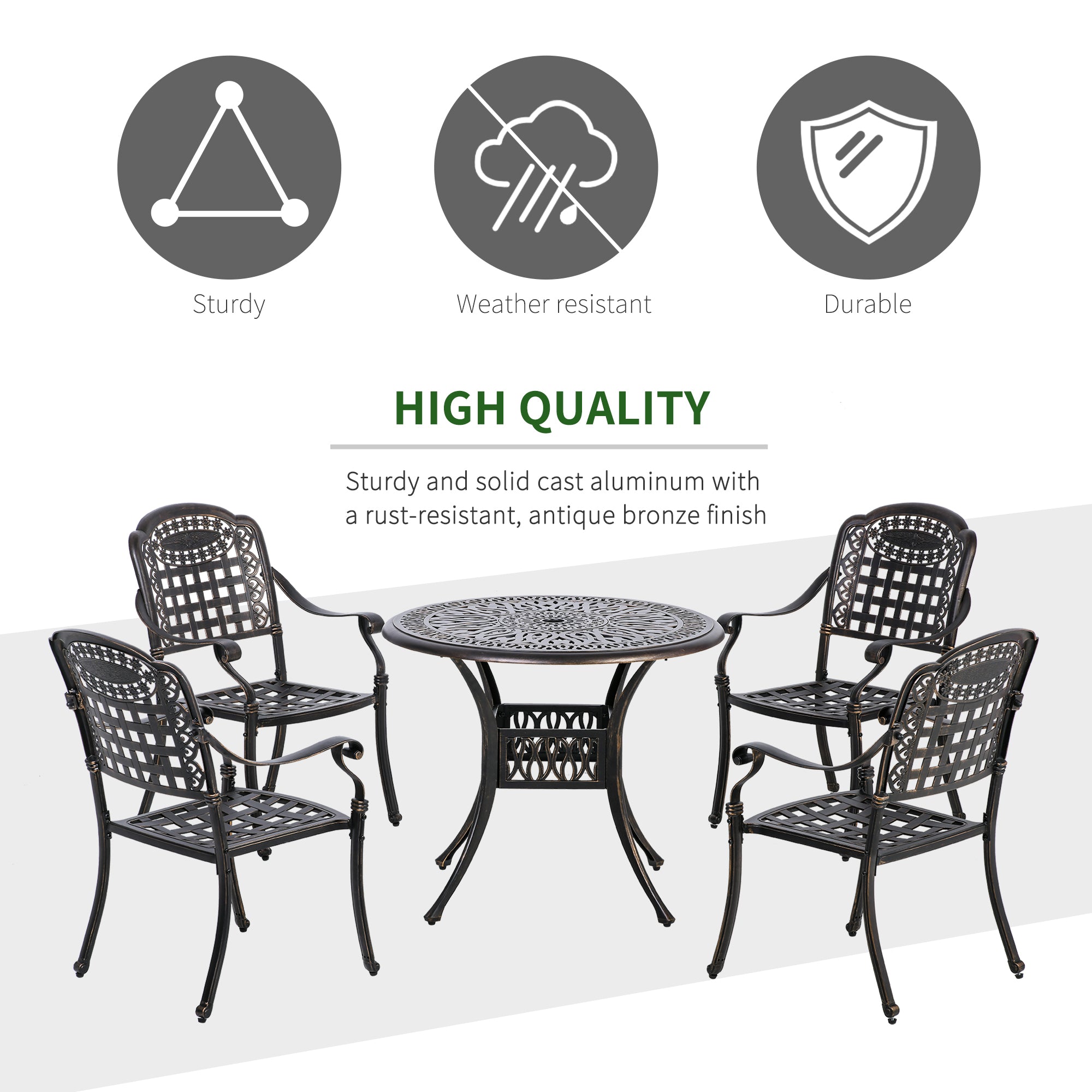Outsunny 5-Piece Outdoor Patio Dining Set with 4 Armchairs & 1 Table with Umbrella Hole, 35" Round Bistro Table, Cast Aluminium Patio Furniture Set for Garden Deck Yard, Bronze