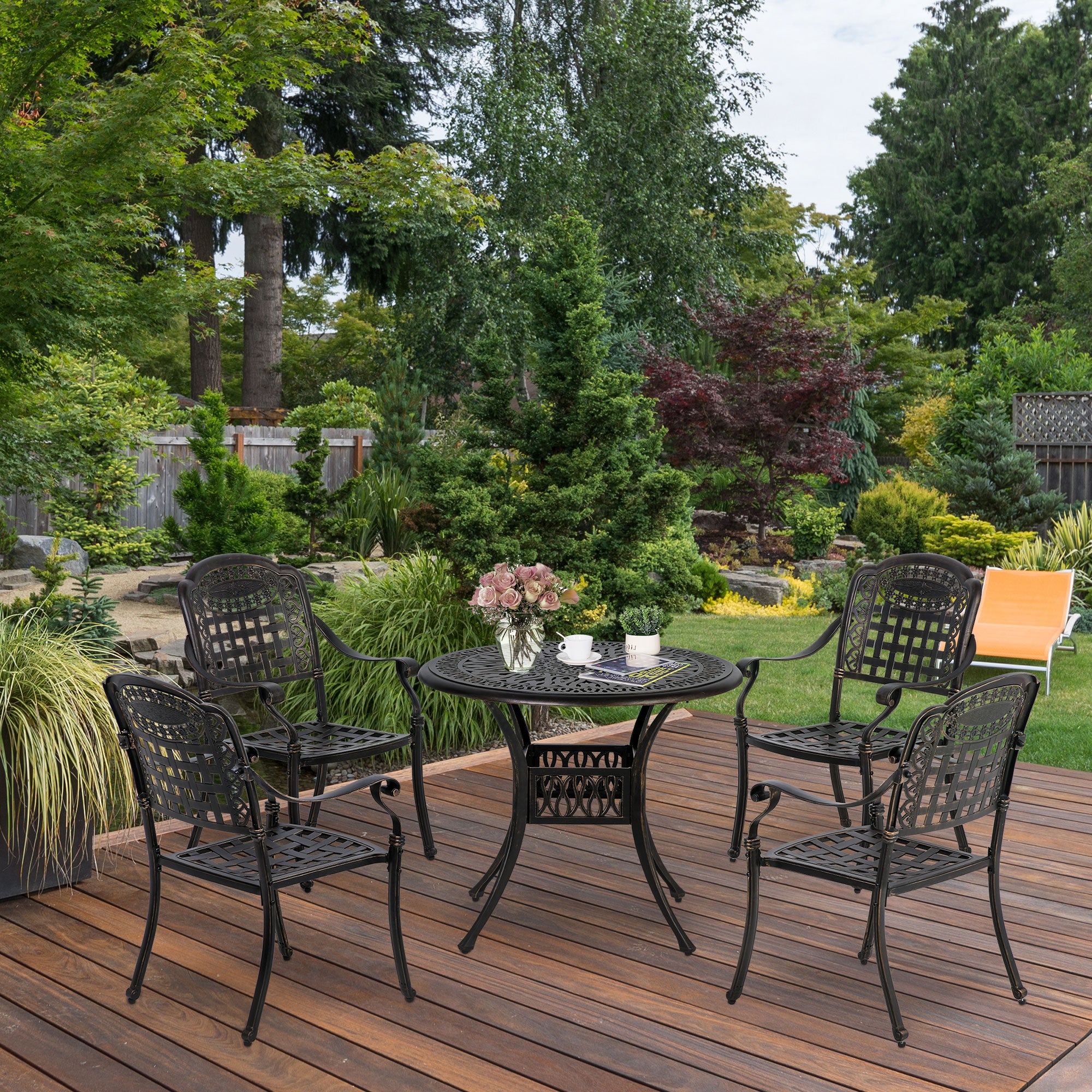 Outsunny 5-Piece Outdoor Patio Dining Set with 4 Armchairs & 1 Table with Umbrella Hole, 35" Round Bistro Table, Cast Aluminium Patio Furniture Set for Garden Deck Yard, Bronze