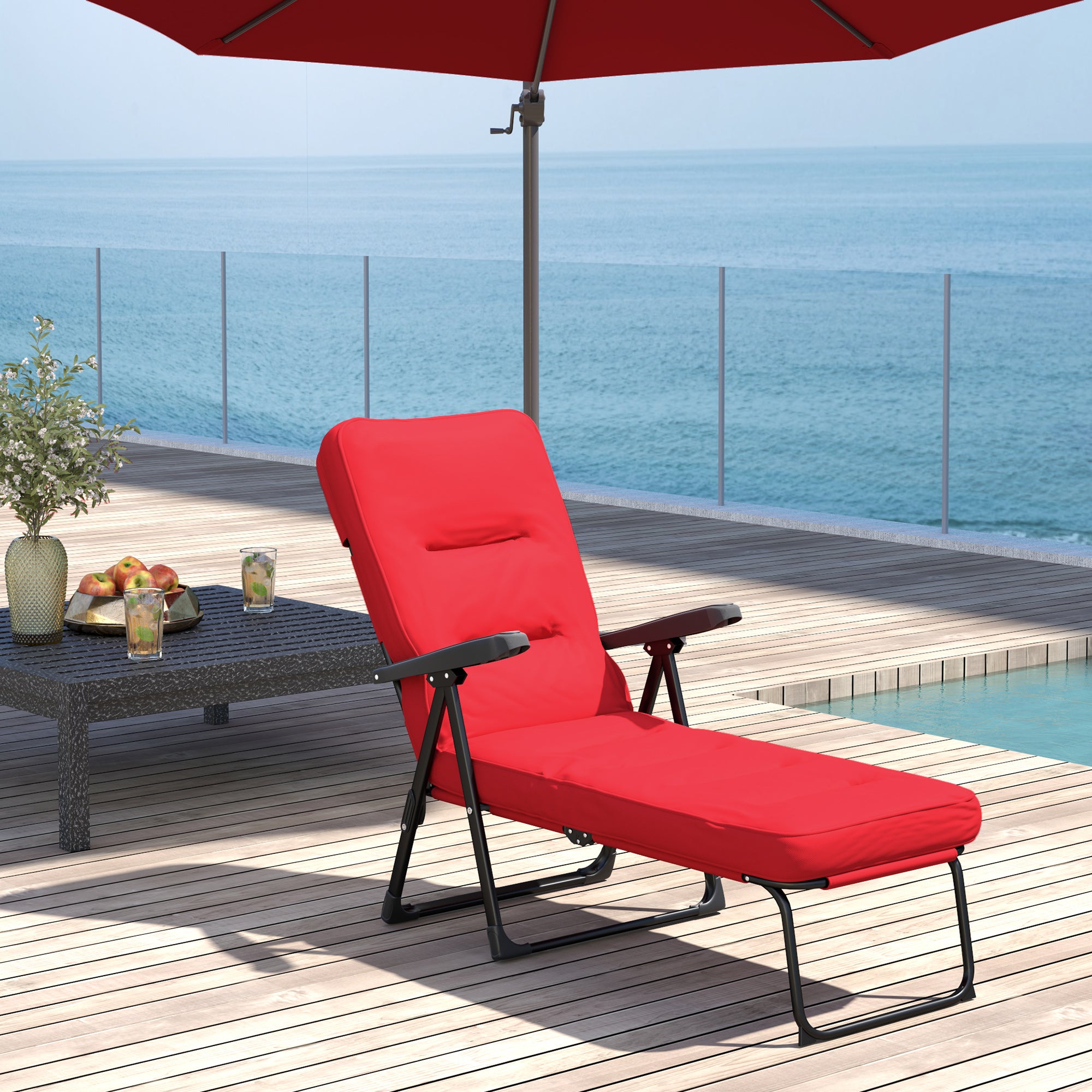 Outsunny Outdoor Lounge Chair with Padded Cushion, Folding Reclining Patio Garden Chair with Recline Back, Footrest, for Poolside, Patio, Wine Red
