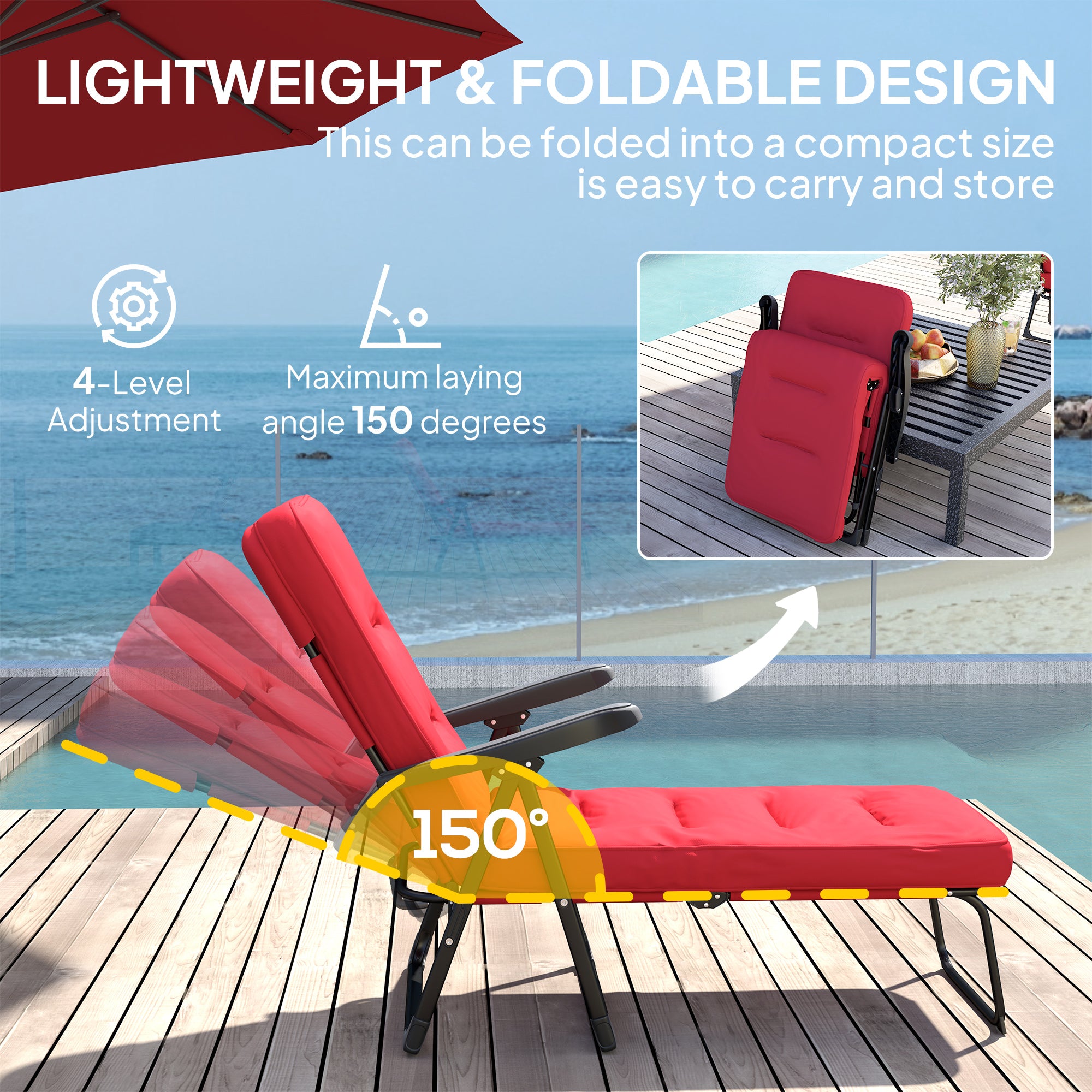 Outsunny Outdoor Lounge Chair with Padded Cushion, Folding Reclining Patio Garden Chair with Recline Back, Footrest, for Poolside, Patio, Wine Red