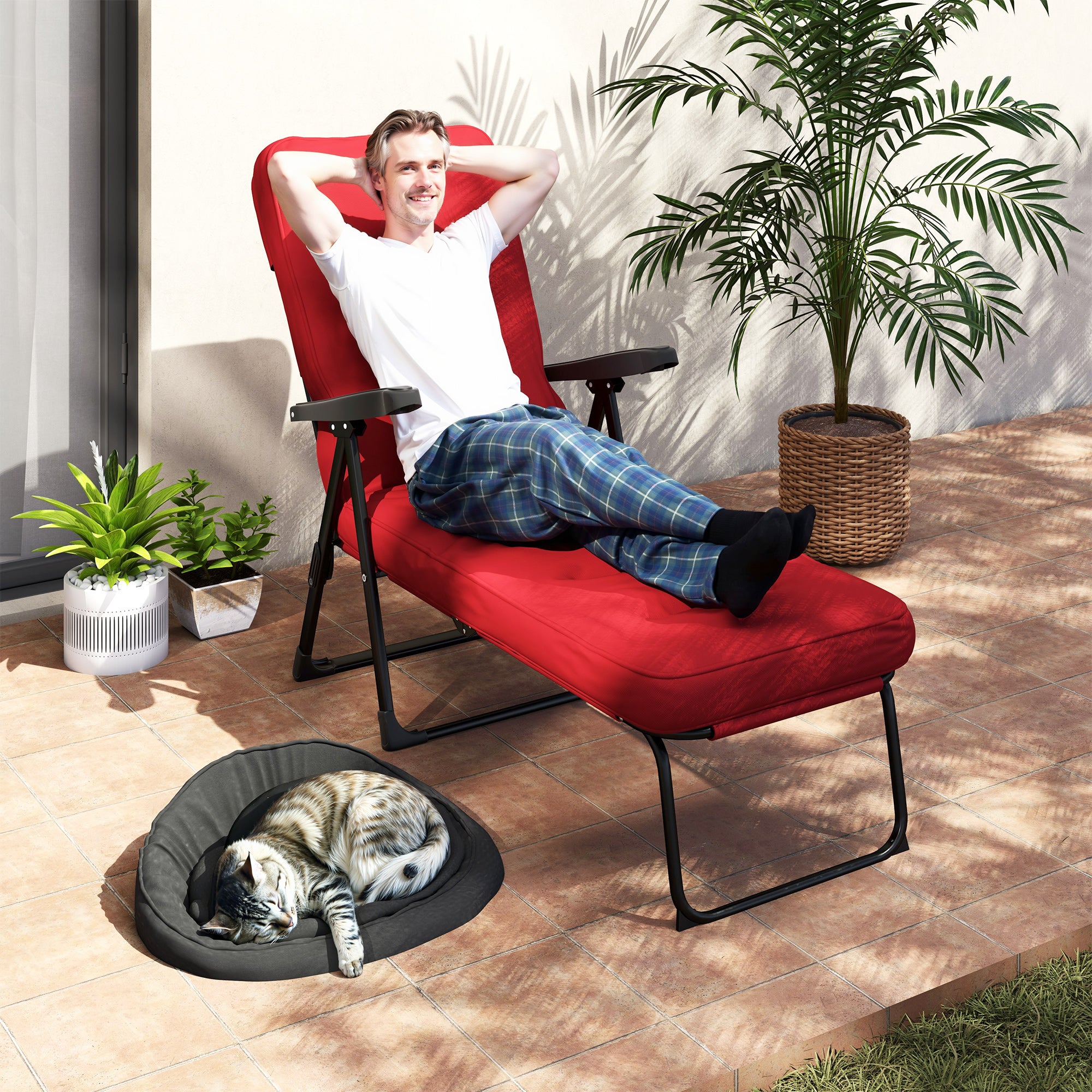 Outsunny Outdoor Lounge Chair with Padded Cushion, Folding Reclining Patio Garden Chair with Recline Back, Footrest, for Poolside, Patio, Wine Red