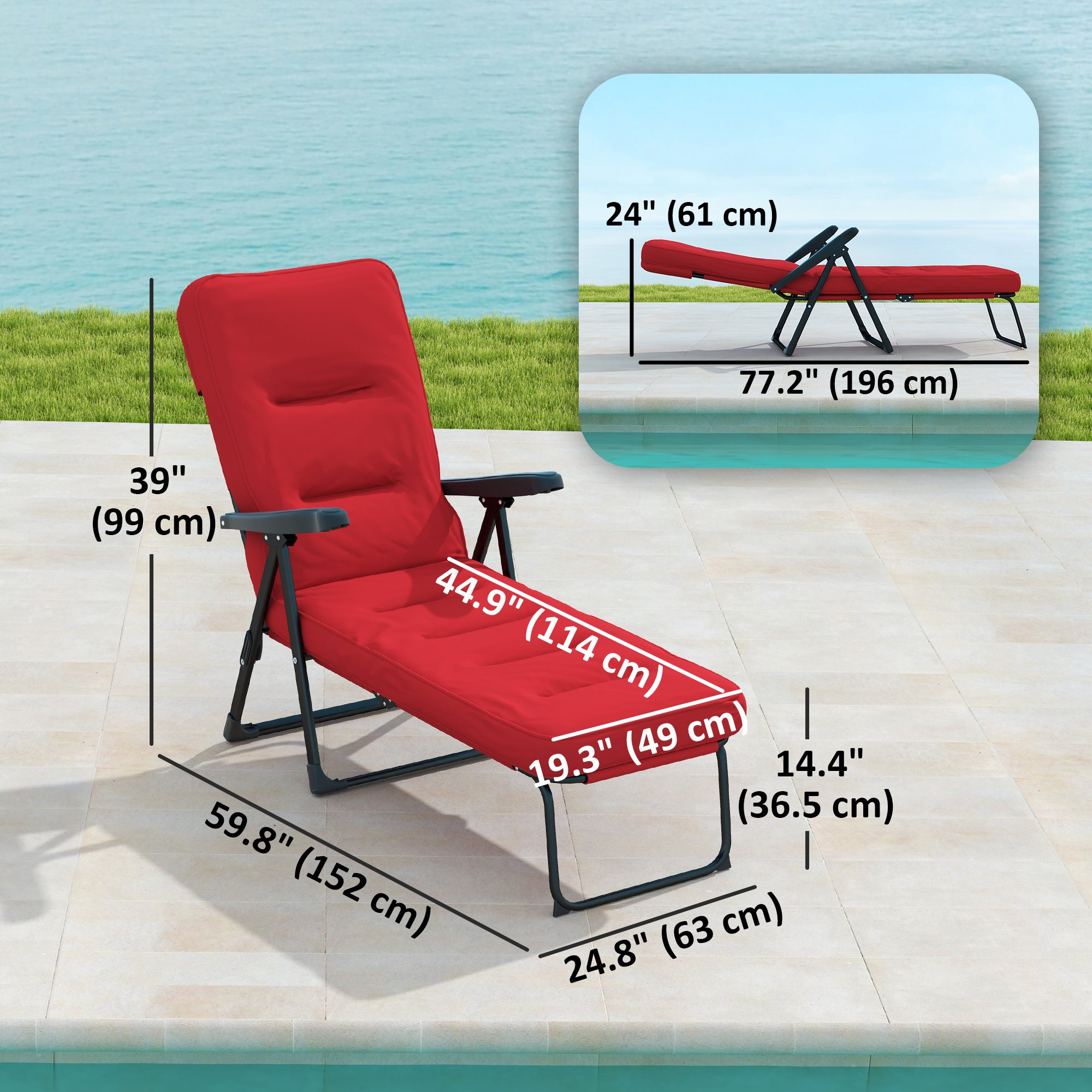 Outsunny Outdoor Lounge Chair with Padded Cushion, Folding Reclining Patio Garden Chair with Recline Back, Footrest, for Poolside, Patio, Wine Red