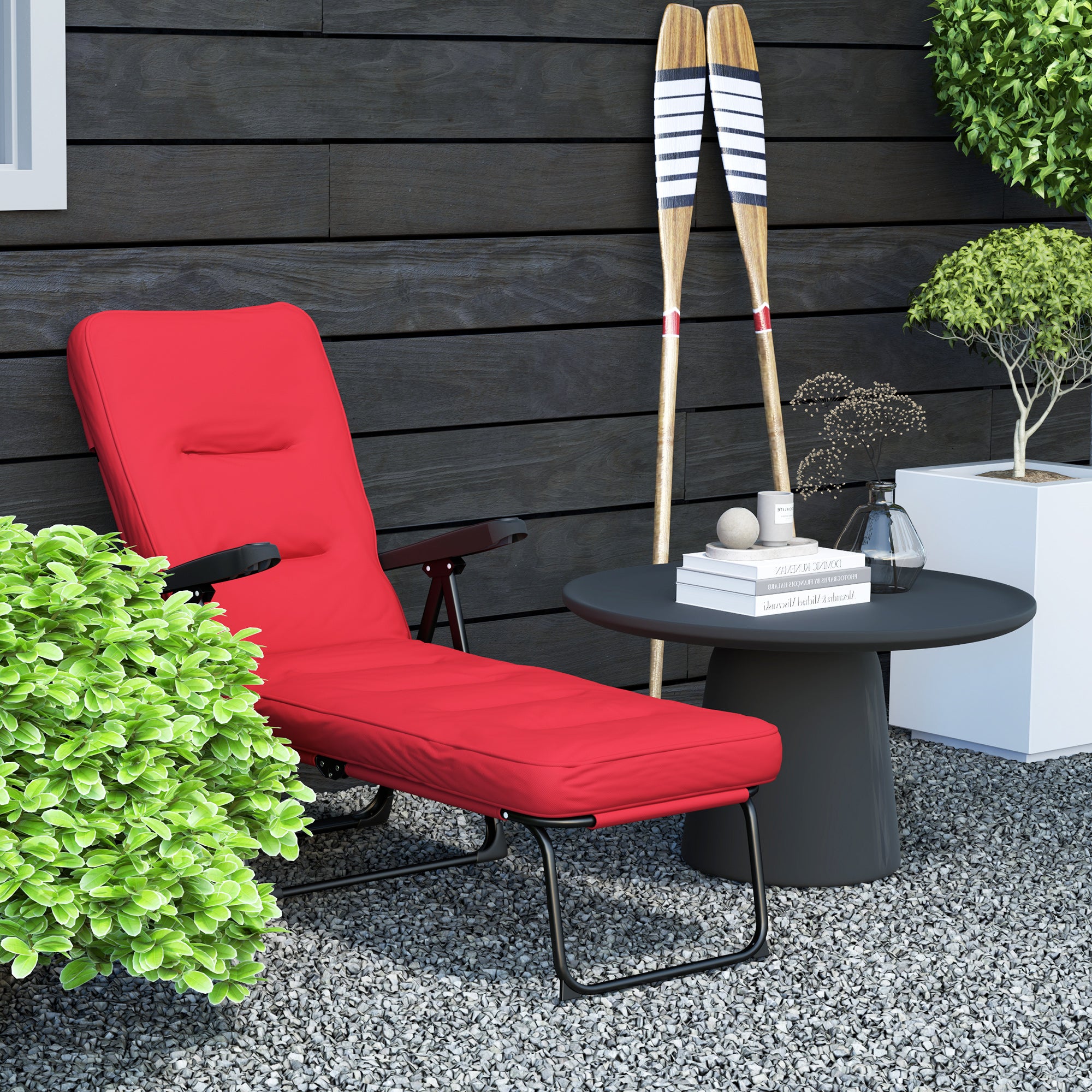 Outsunny Outdoor Lounge Chair with Padded Cushion, Folding Reclining Patio Garden Chair with Recline Back, Footrest, for Poolside, Patio, Wine Red