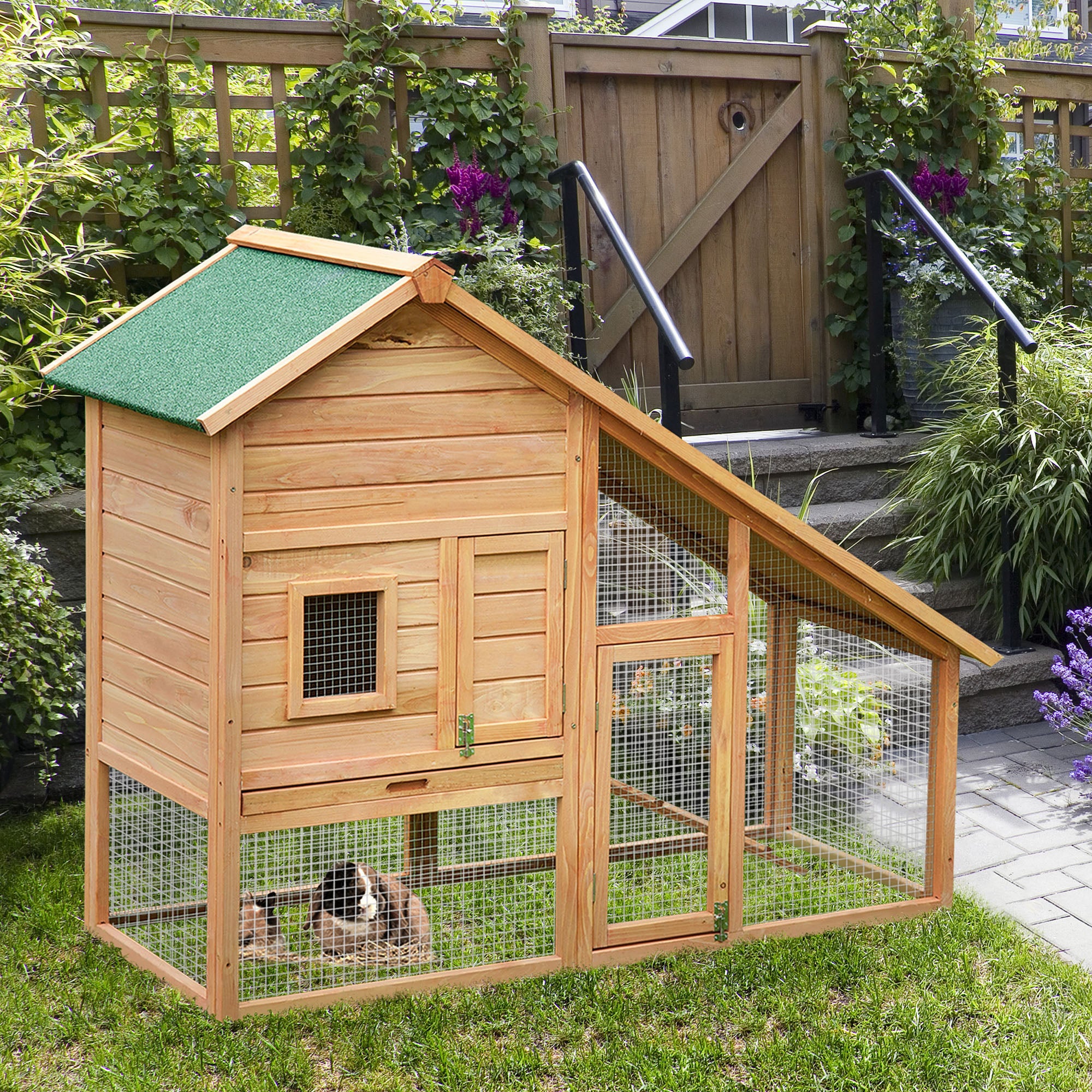 PawHut 62x26x47 Inches Rabbit Hutch Chicken Coop Wooden Poultry Hen House Small Animal Pet Cage with Outdoor Run and Ramp
