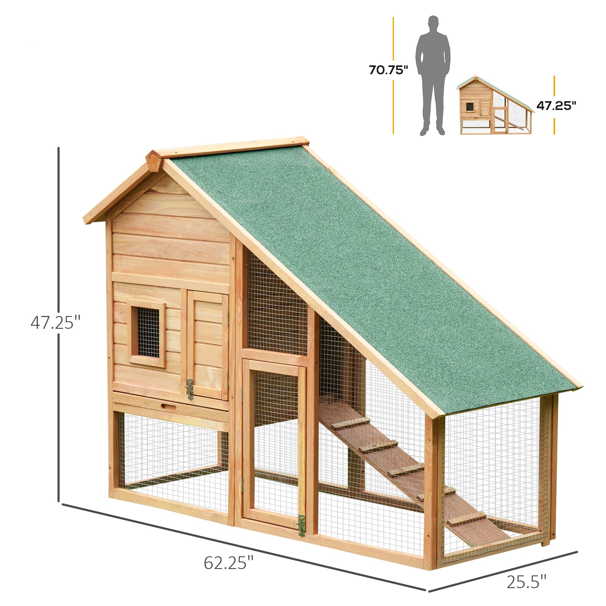 PawHut 62x26x47 Inches Rabbit Hutch Chicken Coop Wooden Poultry Hen House Small Animal Pet Cage with Outdoor Run and Ramp