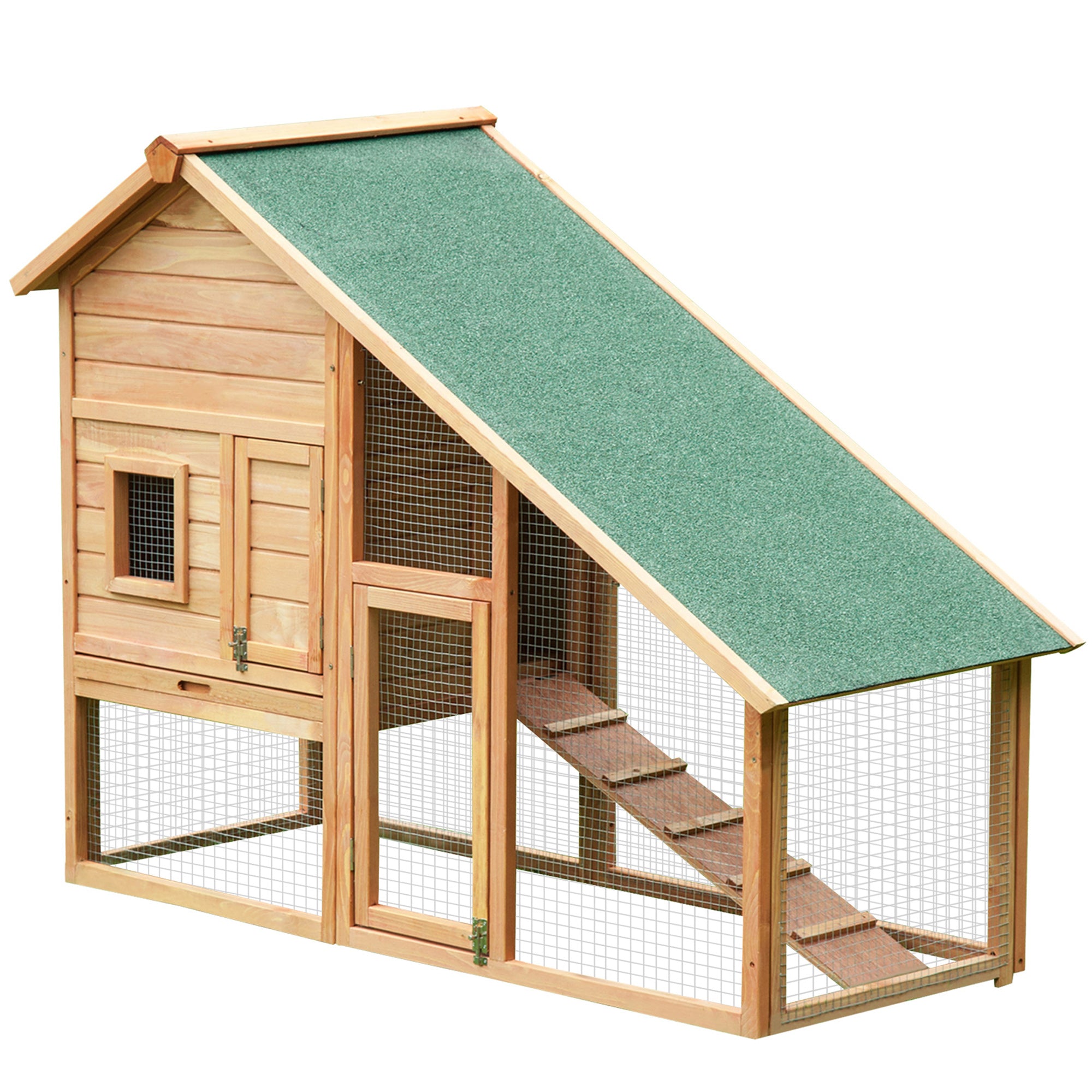 PawHut 62x26x47 Inches Rabbit Hutch Chicken Coop Wooden Poultry Hen House Small Animal Pet Cage with Outdoor Run and Ramp