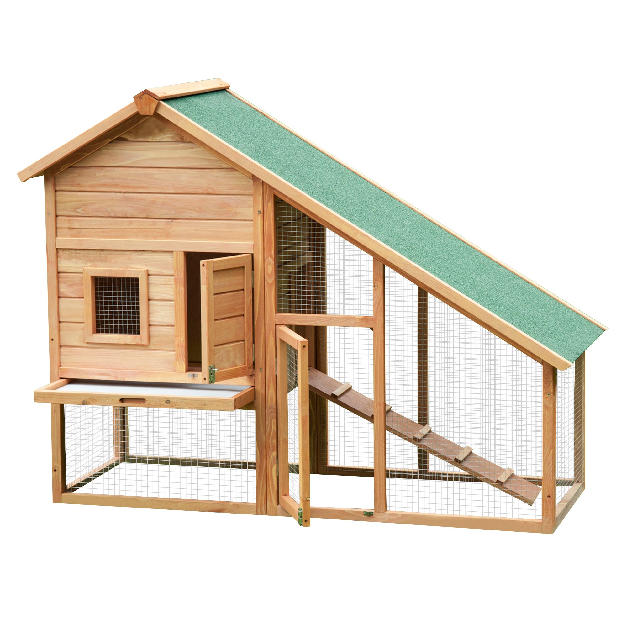 PawHut 62x26x47 Inches Rabbit Hutch Chicken Coop Wooden Poultry Hen House Small Animal Pet Cage with Outdoor Run and Ramp