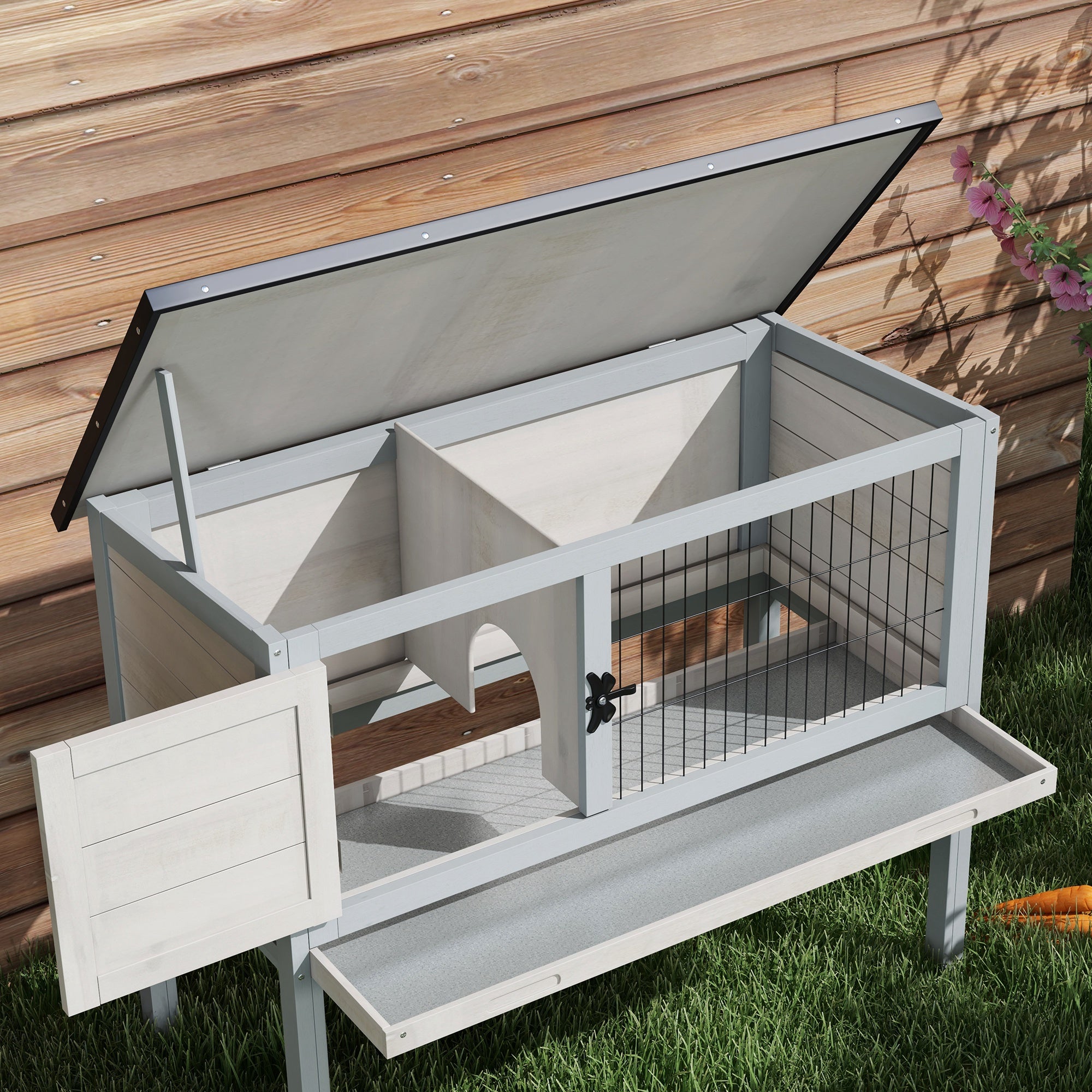 PawHut Elevated Wooden Rabbit Hutch, Indoor/Outdoor Bunny Cage with Hinged Asphalt Roof and Removable Tray for Guinea Pig, Gray