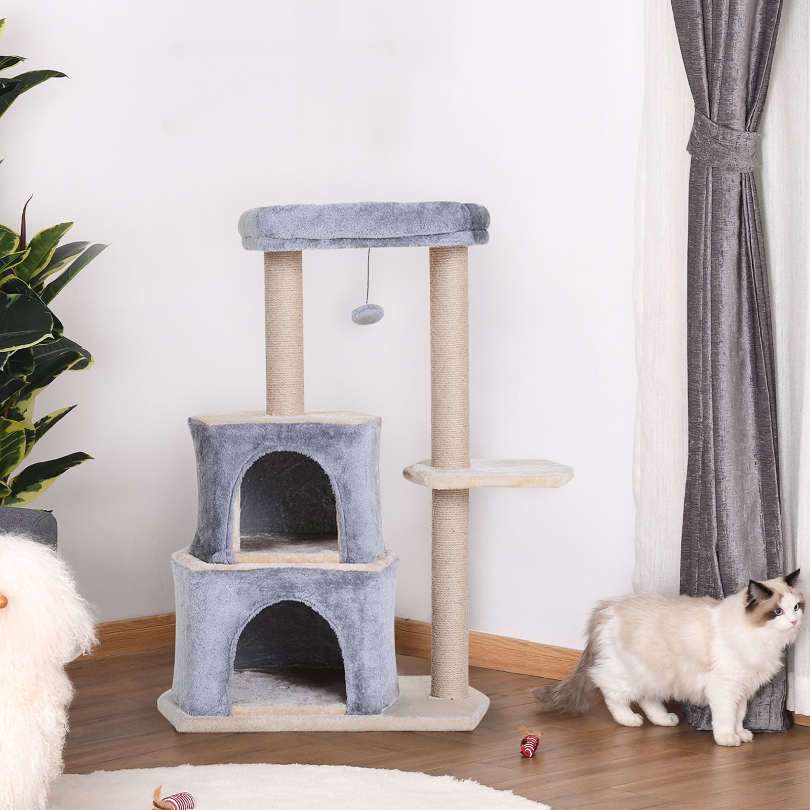 PawHut Cat Tree for Indoor Cats Scratching Posts with 2 Houses, Bed, Ball Toy, Kitten Activity Centre, 60 x 40 x 92 cm, Grey