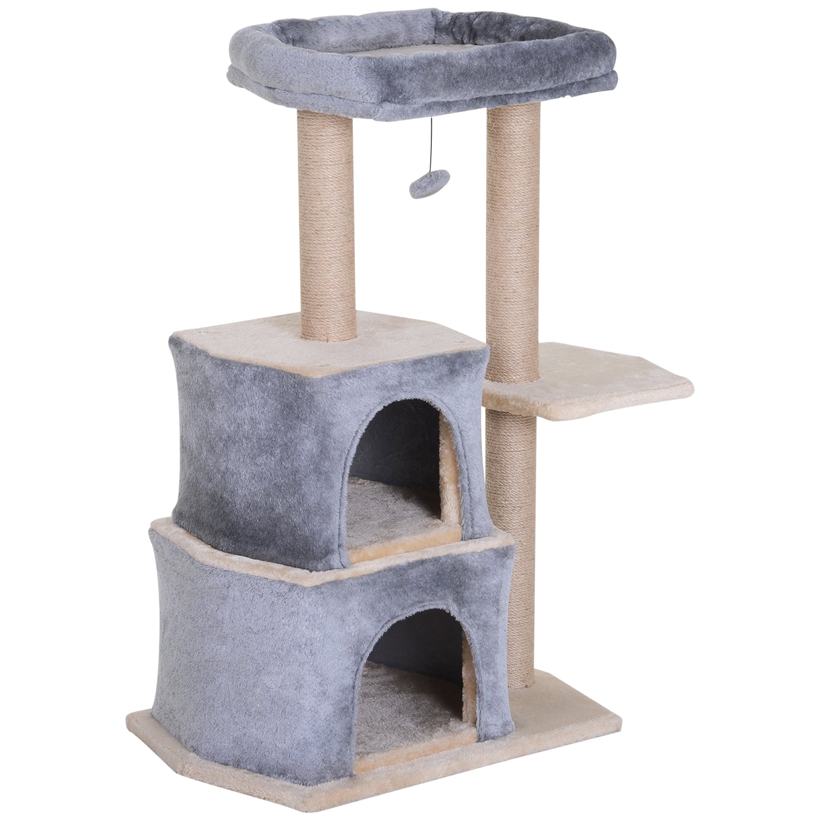 PawHut Cat Tree for Indoor Cats Scratching Posts with 2 Houses, Bed, Ball Toy, Kitten Activity Centre, 60 x 40 x 92 cm, Grey