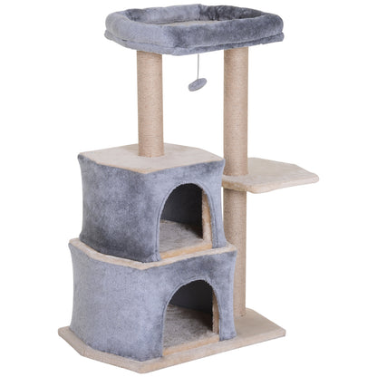 PawHut Cat Tree for Indoor Cats Scratching Posts with 2 Houses, Bed, Ball Toy, Kitten Activity Centre, 60 x 40 x 92 cm, Grey