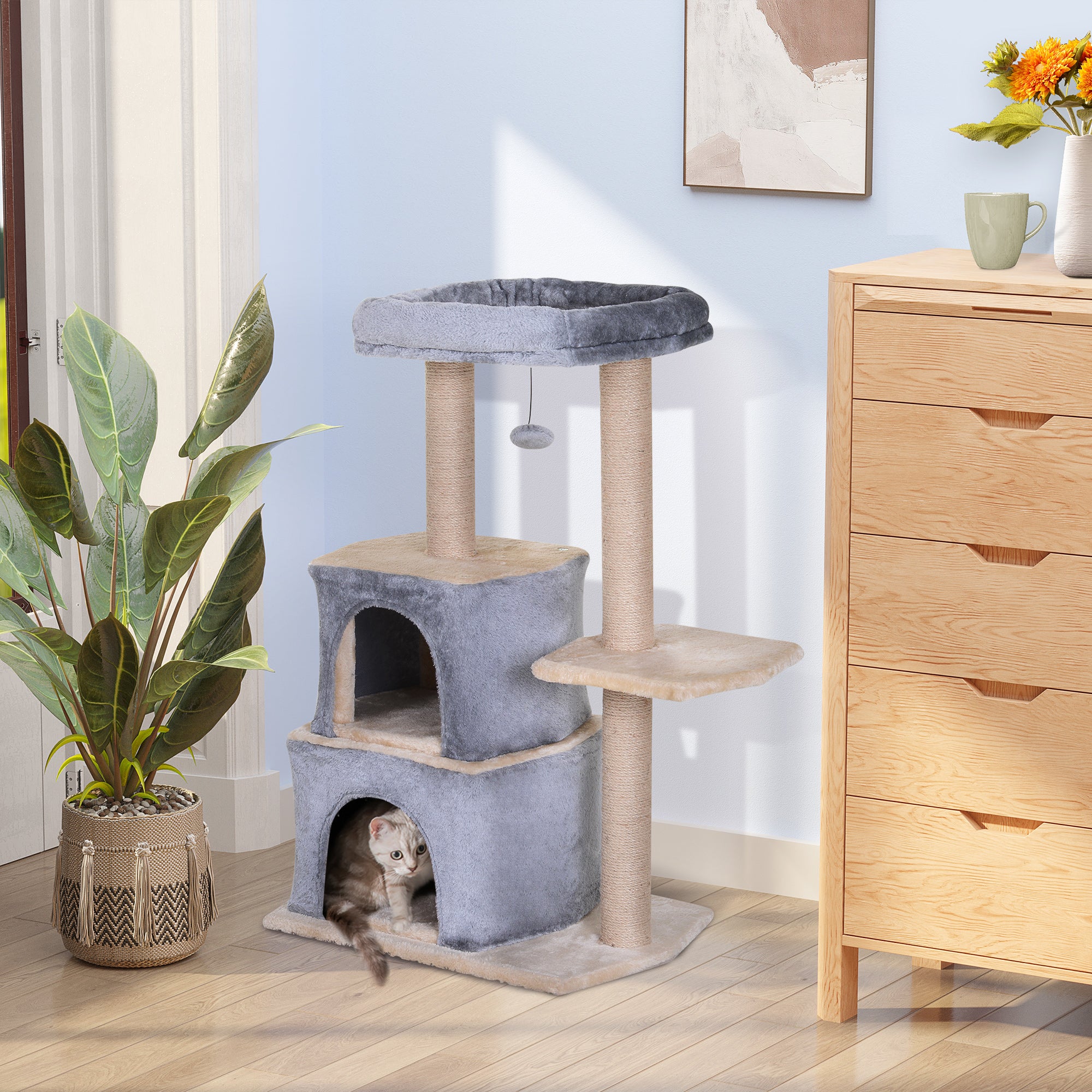 PawHut Cat Tree for Indoor Cats Scratching Posts with 2 Houses, Bed, Ball Toy, Kitten Activity Centre, 60 x 40 x 92 cm, Grey