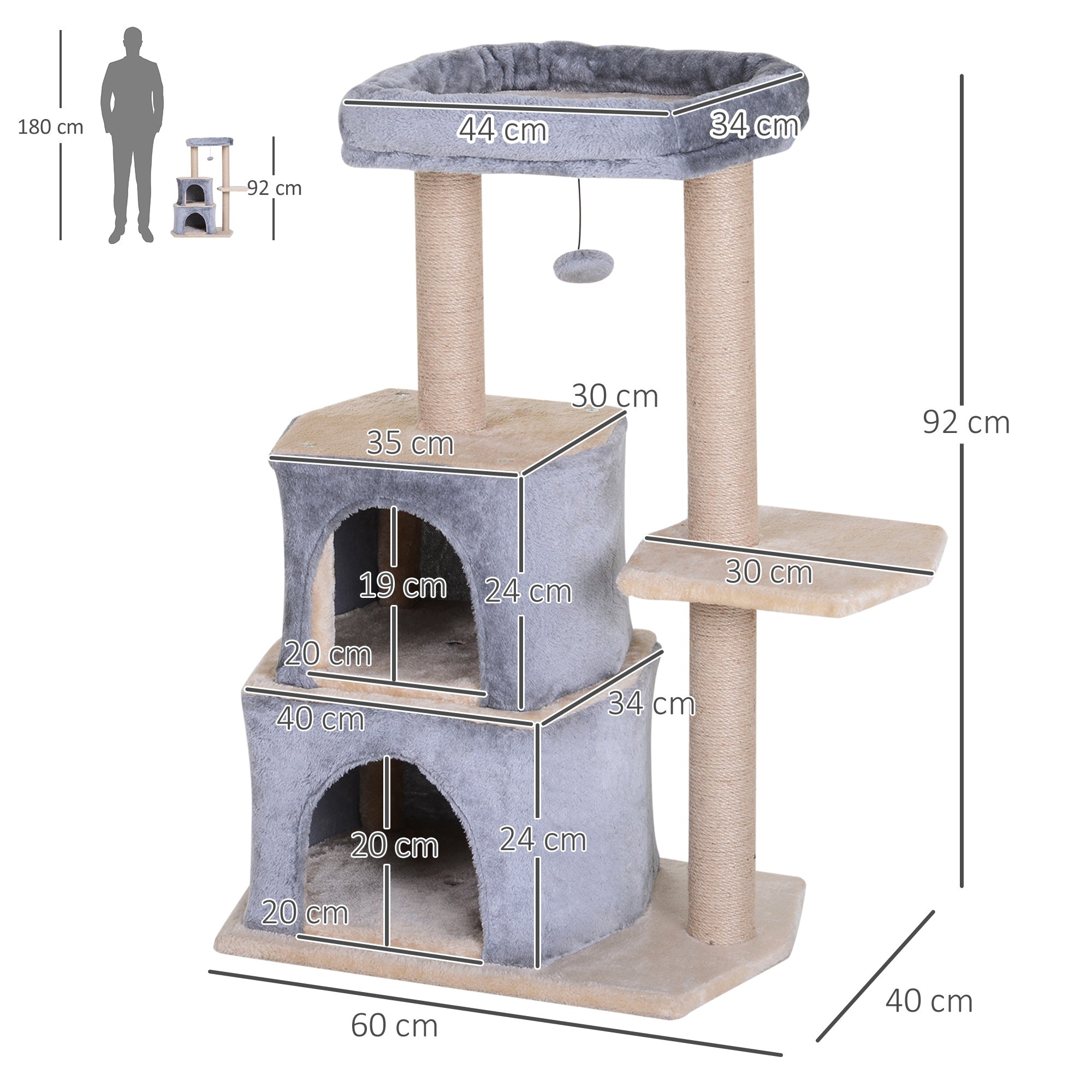 PawHut Cat Tree for Indoor Cats Scratching Posts with 2 Houses, Bed, Ball Toy, Kitten Activity Centre, 60 x 40 x 92 cm, Grey