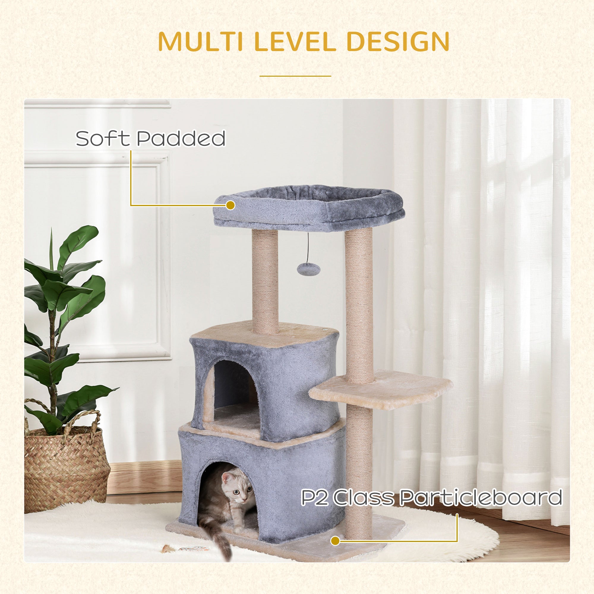 PawHut Cat Tree for Indoor Cats Scratching Posts with 2 Houses, Bed, Ball Toy, Kitten Activity Centre, 60 x 40 x 92 cm, Grey