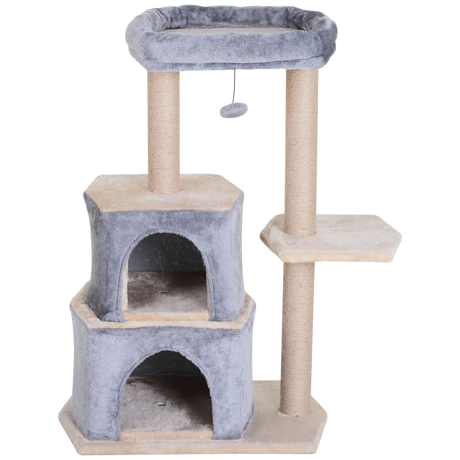 PawHut Cat Tree for Indoor Cats Scratching Posts with 2 Houses, Bed, Ball Toy, Kitten Activity Centre, 60 x 40 x 92 cm, Grey